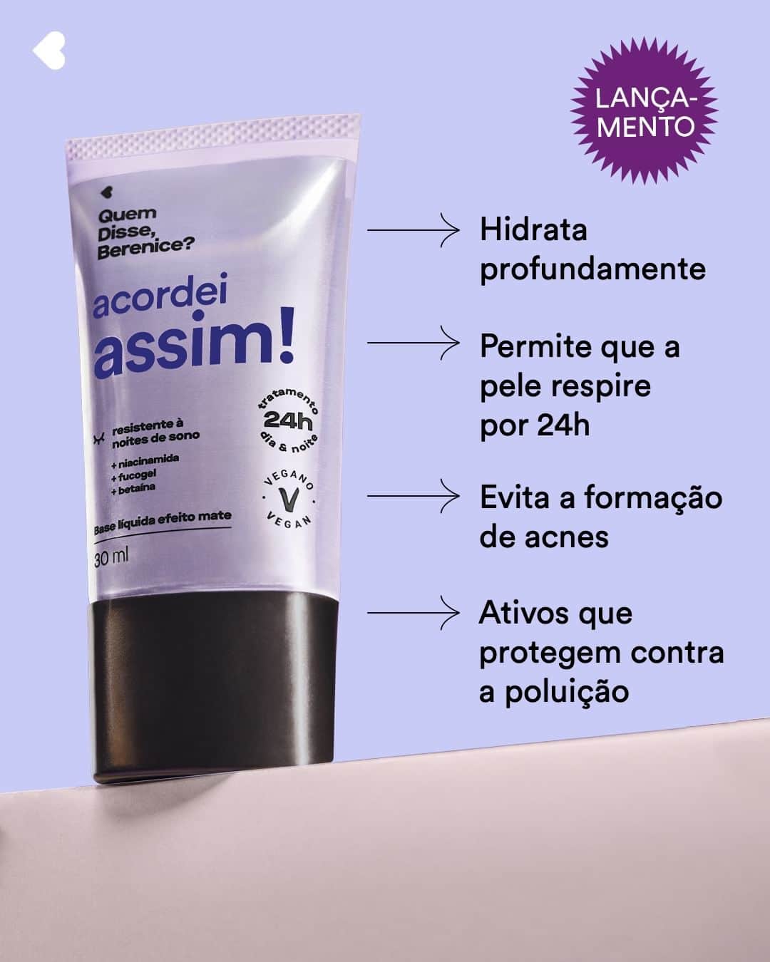 quem disse, berenice?のインスタグラム：「Conheça a nossa base que vai deixar sua pele pronta pra qualquer rolê o dia TODO, não obstrui poros, deixa a pele sequinha e hidratada. Nem precisa agradecer, tá? 💅🏾  #PraTodosVerem: o post é único com a foto da Base Acordei Assim com a tag de "lançamento" e os benefícios do produto: "hidrata profundamente // permite que a pele respire por 24h // evita a formação de acnes // ativos que protegem contra a poluição". Fim da descrição.」