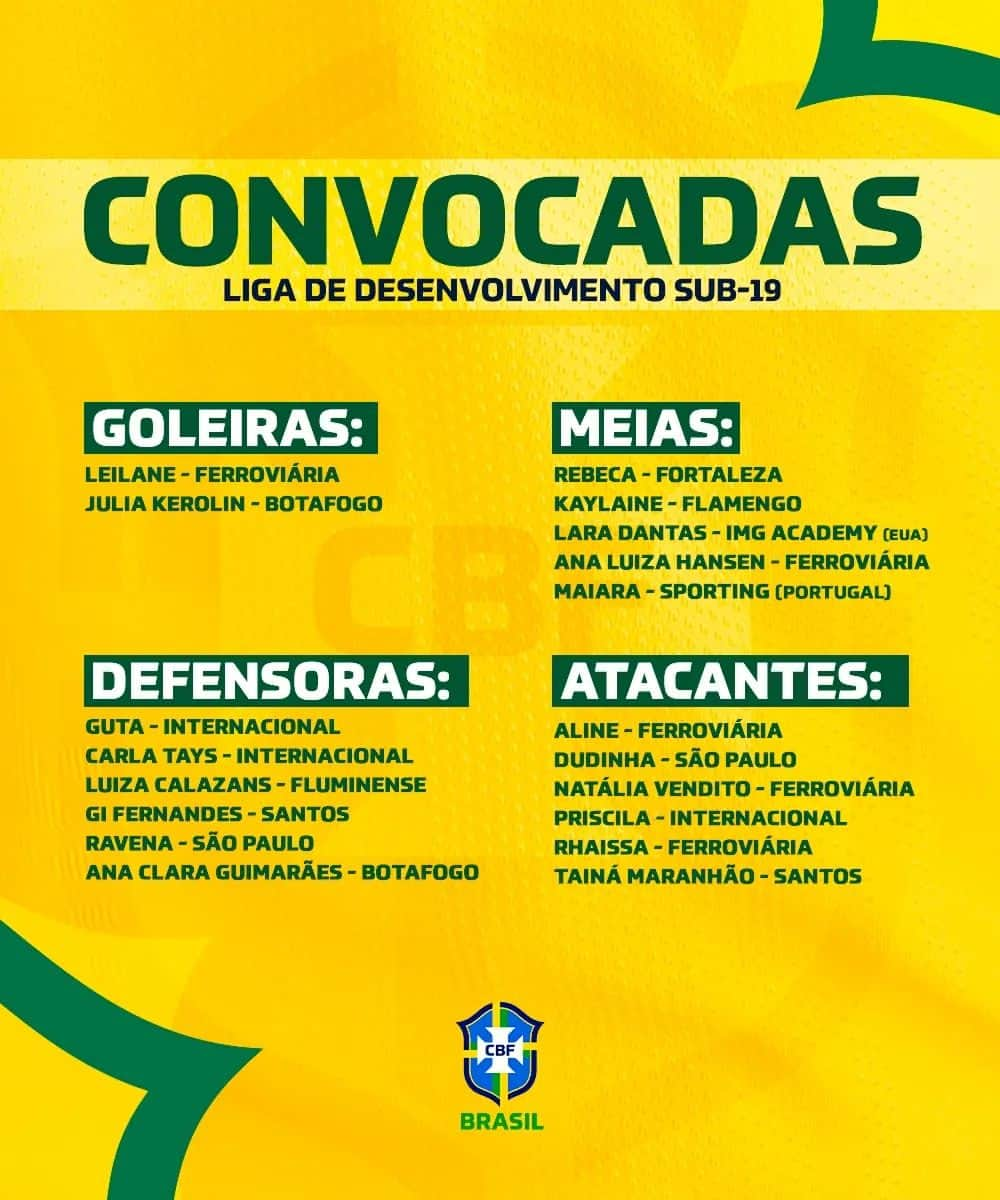 サッカー ブラジル代表チームさんのインスタグラム写真 - (サッカー ブラジル代表チームInstagram)「A #SeleçãoFeminina está convocada para a Liga de Desenvolvimento Sub-19! 🇧🇷  Confira a lista das atletas selecionadas pela técnica Simone Jatobá. Vamos com tudo, meninas! 💚💛」8月19日 5時06分 - cbf_futebol