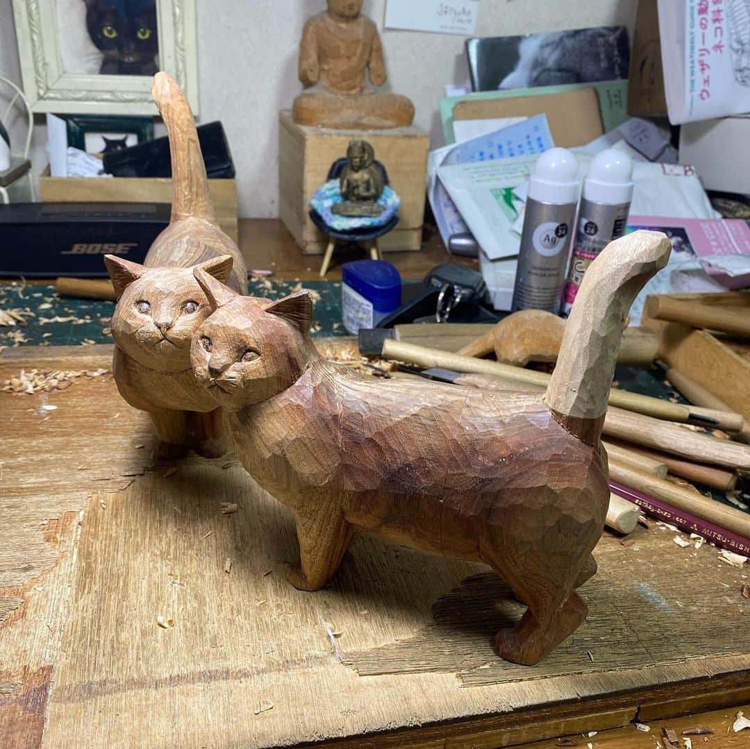yamanekoのインスタグラム：「最近好きな大きめ猫のシッポぴーん！ 出来ました。 継いだ部分が白っぽくなりましたが彩色するのでご愛嬌😹  #ねこ #ねこ部 #ねこすたぐらむ #猫彫刻 #木彫り猫 #赤坂ジャローナ #個展 #バンナイリョウジ #彫刻 #cat#catstagram #catsculpture #catcarving #sculpture #woodworking#woodsculpture #ryoji bannai」