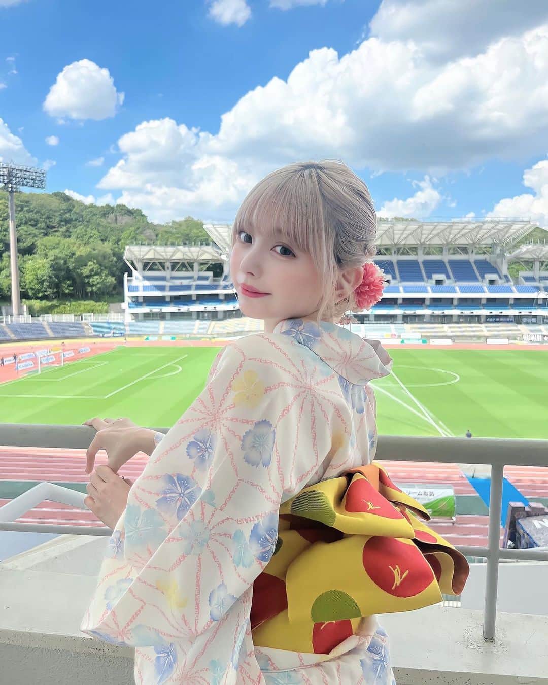 若林萌々のインスタグラム：「浴衣きたんだ〜🍉 スタジアムで浴衣着て応援した日🍉」