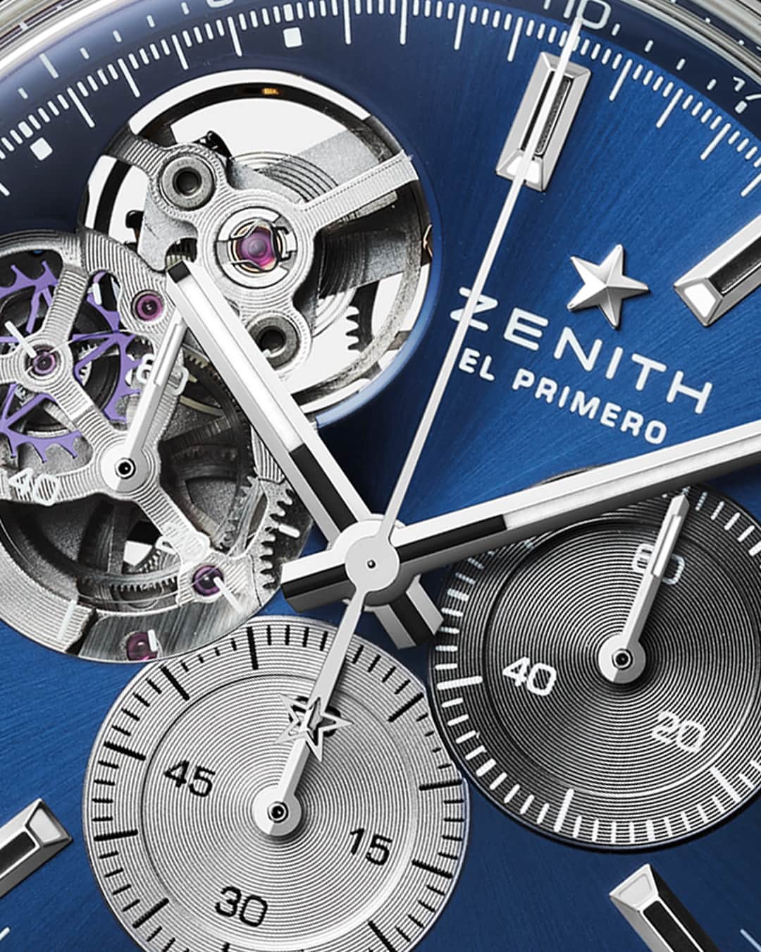 ゼニスのインスタグラム：「#ChronomasterOpen: An open heart that tells the story of the El Primero's high-frequency precision. The Chronomaster Open with its partially open dial revealing the regulating organ and escapement, beating at the rate of 5Hz (36'000 VpH).」