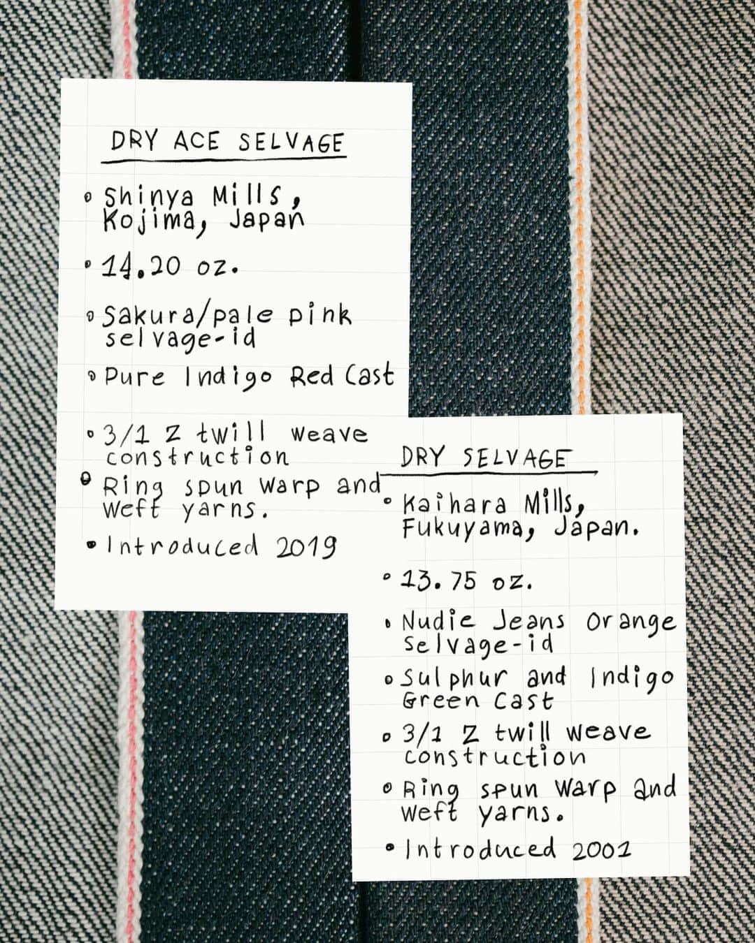 ヌーディージーンズさんのインスタグラム写真 - (ヌーディージーンズInstagram)「Discover the world of Dry Selvage and Dry Ace Selvage, two remarkable Japanese denim fabrics with distinct aging qualities. From unique color nuances to tactile textures and wear mark contrasts, these fabrics evolve in their own captivating ways.   Unveil the craftsmanship behind these denim wonders. Explore their journey of aging and their complementary attributes that make us insist on offering them side by side.」8月19日 21時22分 - nudiejeans