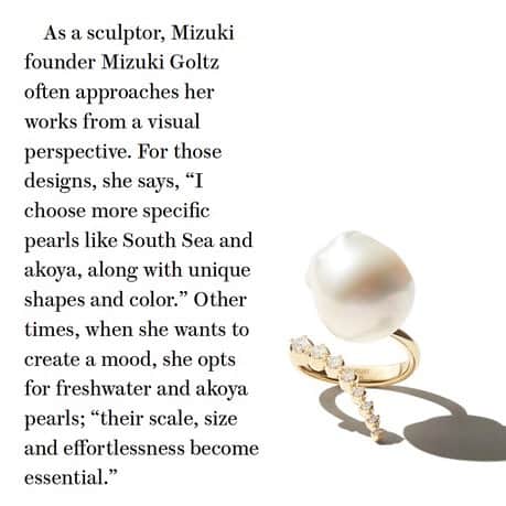 のインスタグラム：「MIZUKI featured in The Pearl Revolution in @rapaportgroup   Thank you 🤍 @fearonfrancesca @rapaportjewelrypro   #rapaport #pearl #mizuki #mizukijewels #mizukijewelry #seaofbeauty #modern #pearl」