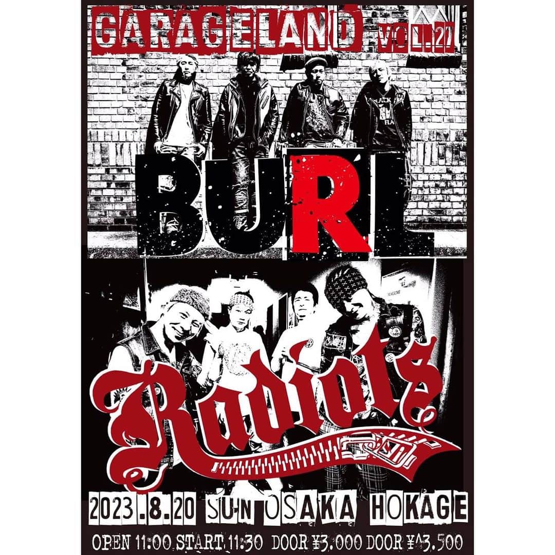 masasucksのインスタグラム：「12時間後に大阪アメ村でGARAGELAND VOL.27 やるぞ‼️  灼熱のランチライブやな‼️照💪🏻🤘🏻💪🏻  なんとYOSHIYAxxx描き下ろしのBURLxRADIOTSのコラボT発売開始やぞ🤘🏻🤘🏻🤘🏻  2023/8/20(日)大阪心斎橋HOKAGE BURL presents  "GARAGELAND vol.27”  【出演】 BURL RADIOTS ＊2マンGIG  OPEN 11:00 /  START 11:30 [ticket]ADV ¥3,000 /  DOOR ¥3,500 ＊小学生以下 入場無料 ＊いずれも要ドリンク代」