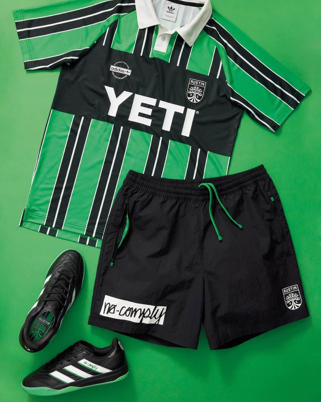 adidas Skateboardingのインスタグラム：「💚💚 /// The No-Comply x Austin FC collection by adidas Skateboarding is available now in limited quantities @nocomplyatx, adidas.com/skateboarding and in select skate shops worldwide.  The collection features a 90s-inspired oversized No-Comply x Austin FC Jersey & Water Short, and a premium leather Copa Nationale rooted in the football club’s color palette. 🧤⚽️  Available at these store locations: @orchardshop @303boards @35thnorth @510skateshop @alumniskateboarding @atlasskateboarding @blacksheepskateshop @brandedskate @east4thskate @familiaskate @humiditynola @laborskateshop @njskateshop @nocomplyatx @plaskate @premierskate @blacklist_lbg @rukus103 @seasonsskateshop @sel_ect @silo_omaha @spottampa @wearecivil @stratosphereskateboards @subsect @upriseskateshop @ups_skateshop @fasttimes @boardertown @premierskate  #adidasSkateboarding #NoComplyATX #Verde #listos #mls」