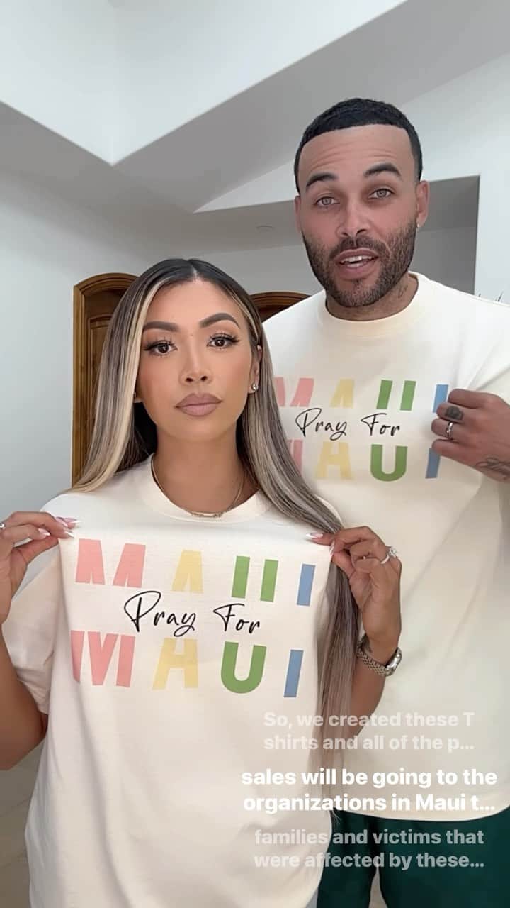 リアン Vのインスタグラム：「Our hearts and prayers go out to all the families affected ❤️Pray for MAUI 🙏🏽 T-shirts available on @shoplianev  *ALL PROCEEDS WILL BE DONATED TO MAUI ORGANIZATIONS*」