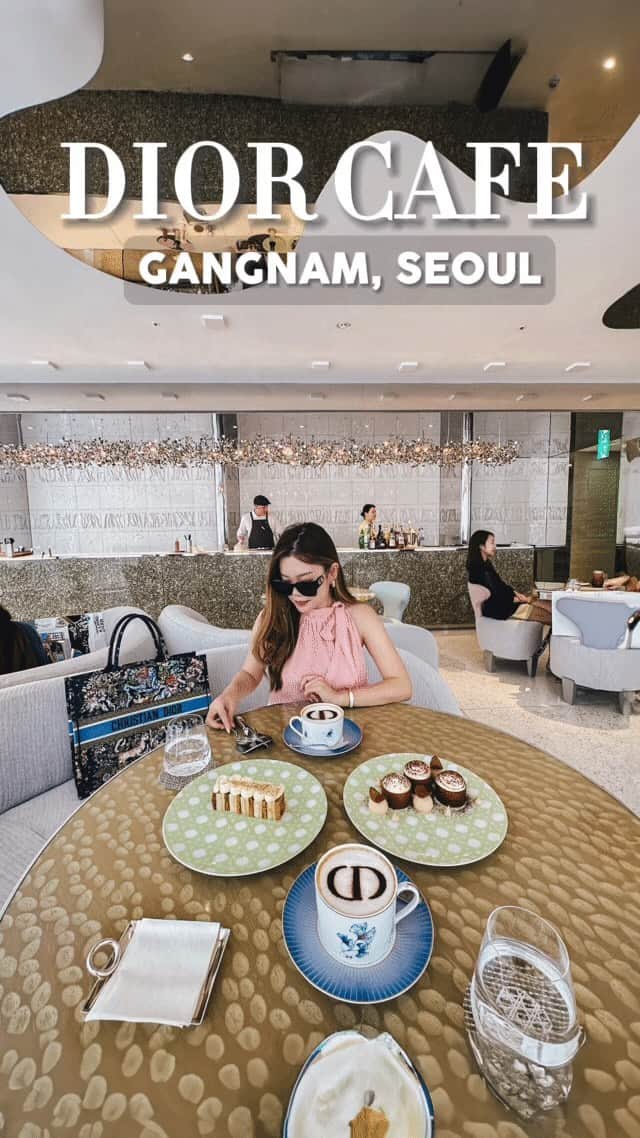 Stella Leeのインスタグラム：「Dior Cafe x Pierre Herme in Apgujeong, Gangnam is here to elevate your cafe experience while you’re in Seoul 🇰🇷 Located at Seoul House of Dior 5th floor, this posh cafe serves foods, beverages, as well as beautiful desserts to please your eyes and taste buds  A must order in this cafe is their Signature Dior Cafe Latte which has CD logo sprinkled from cocoa powder. I wanted to try their pastry set but it was sold out when I was there, therefore I choose ala carte dessert such as Tiramisu and Vanilla Mille Feuille. The Tiramisu has unique texture play and the taste is just right, definitely recommending it 🫶🏻  The price is steep as it is under Dior’s name but hey, you get a taste of Dior’s life in this cafe. Do you think it is worth it?  Would you be interested to visit Dior Cafe in Seoul next time? 🥂」