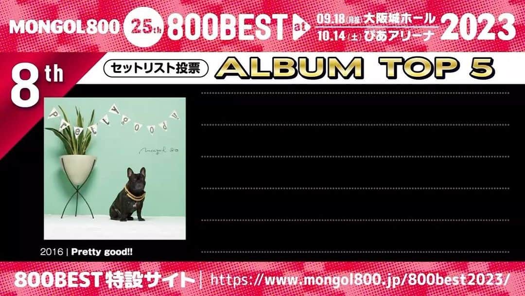 上江洌清作のインスタグラム：「【800BEST】 セットリストリクエストRANK TOP5をALタイトル毎に発表🎉  本日は8thアルバム『Pretty good!!』  皆さんの選んだ曲は入っていましたか？👀 ぜひ、アリーナで❗生で❗聴いてください♬  MONGOL800 25th -800BEST- 09.18(月祝) at 大阪城ホール 10.14(土)  at ぴあアリーナMM  チケット、本日より発売中🔥  https://www.mongol800.jp/ticket  #MONGOL800 #モンパチ25th #800BEST #大阪城ホール #ぴあアリーナMM」