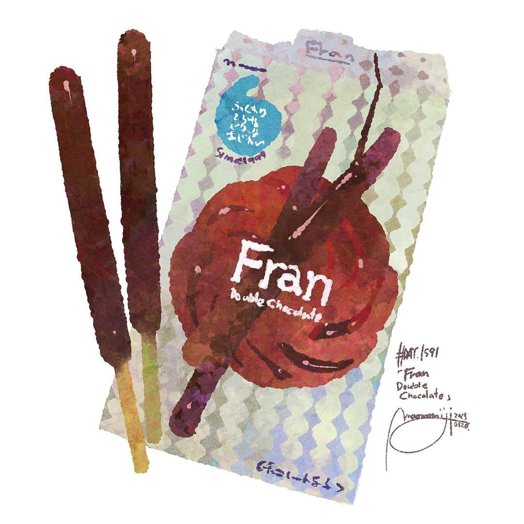 もみじ真魚のインスタグラム：「『#1591/「Fran DoubleChocolate」』  もみじ真魚/MaoMomiji 2023年8月21日 00:04  "The sweets I eat while traveling are somehow happy." Sweets purchased at travel stores tend to be a different choice from the sweets we usually choose, perhaps because of the different selection of sweets. The flan I ate at the hotel had a special taste combined with the highland air. I love chocolate sweets.  「旅先で食べるお菓子はなんだか幸せ」 旅先の売店で購入したお菓子って、品ぞろえの違いからか、普段選ぶお菓子とは違うチョイスになりがち。ホテルで食べたフランは高原の空気も合わさって特別な味がしました。チョコレートのお菓子大好き。  #日刊ごはんが好き #foodie #foodieart #dailyilovefood  #毎日更新 #foodillustration #fooddrawing #もみじ真魚 #maomomiji #飯テロ #美食 #奧志賀高原 #meiji #fran #frandoublechocolate」