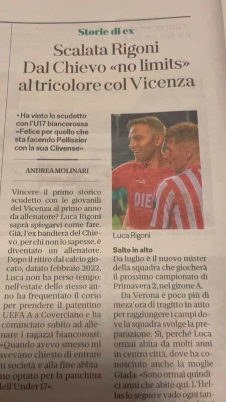 ルカ・リゴーニのインスタグラム：「Un’ottima lettura dopo un buon pareggio nell’ultima amichevole. Buona domenica✨  🗞️ @larena.it   #vicenza #coach #intervista」