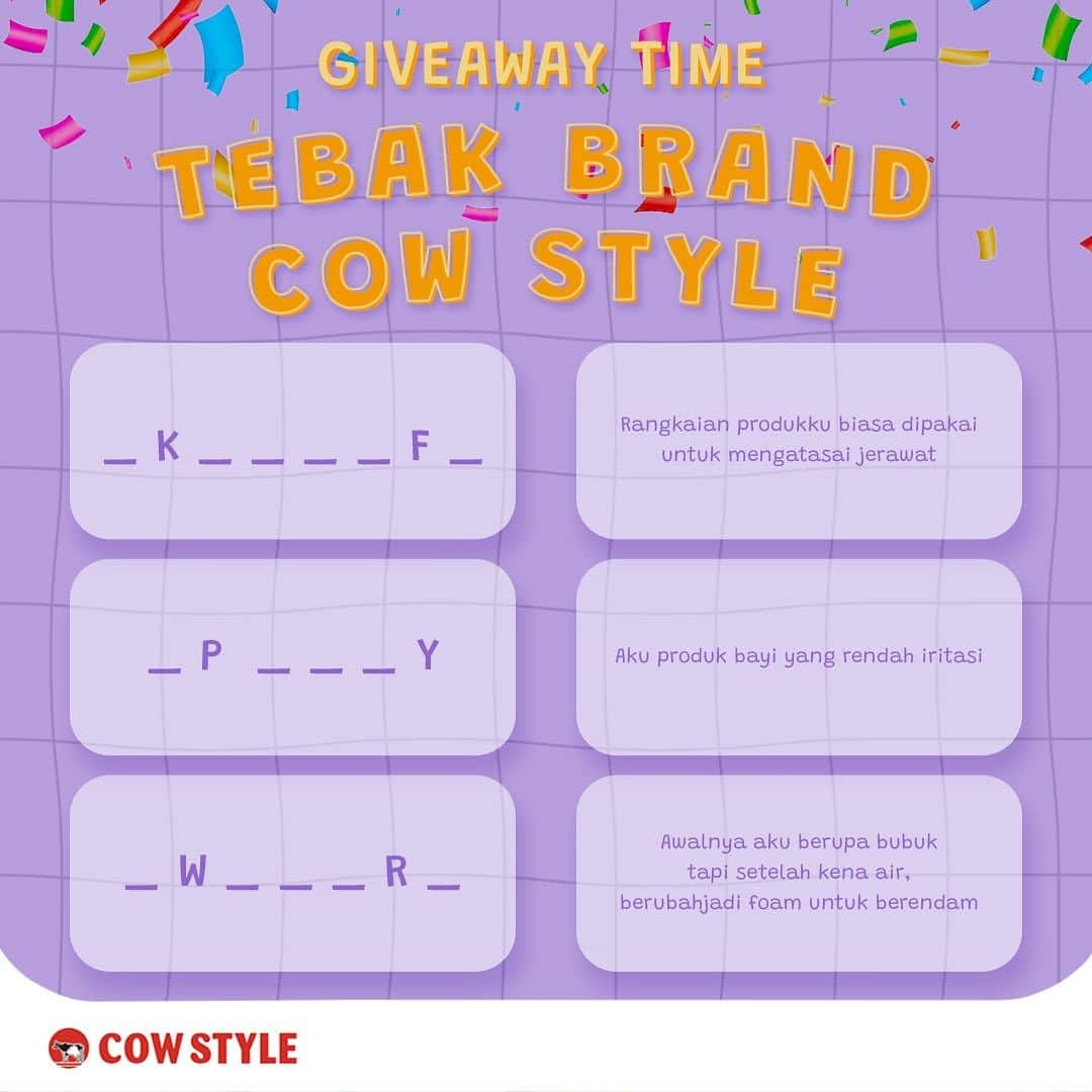 COWSTYLEIDのインスタグラム：「Giveaway Time!🥳 Tebak 3 brand Cow Style yang minCow maksud di post ini!  Syarat ikutan giveaway: 🎁 Like post ini 🎁 Tulis jawaban kamu di kolom komentar 🎁 Share post ini di IG story beserta jawaban &  mention 3 teman kamu ya 🎁 Wajib follow @cowstyleid di IG dan TikTok 🎁 Pastiin akun kamu ngga diprivate  Di tanggal 4 September, minCow akan umumin 5 orang beruntung dengan jawaban yang benar untuk dapat hadiah spesial ya🥁🥁 Goodluck!  #cowstyleindoneisa #cowstylebeauty #cowstylegiveaway #giveawayindo #kuisberhadiah #giveaway」