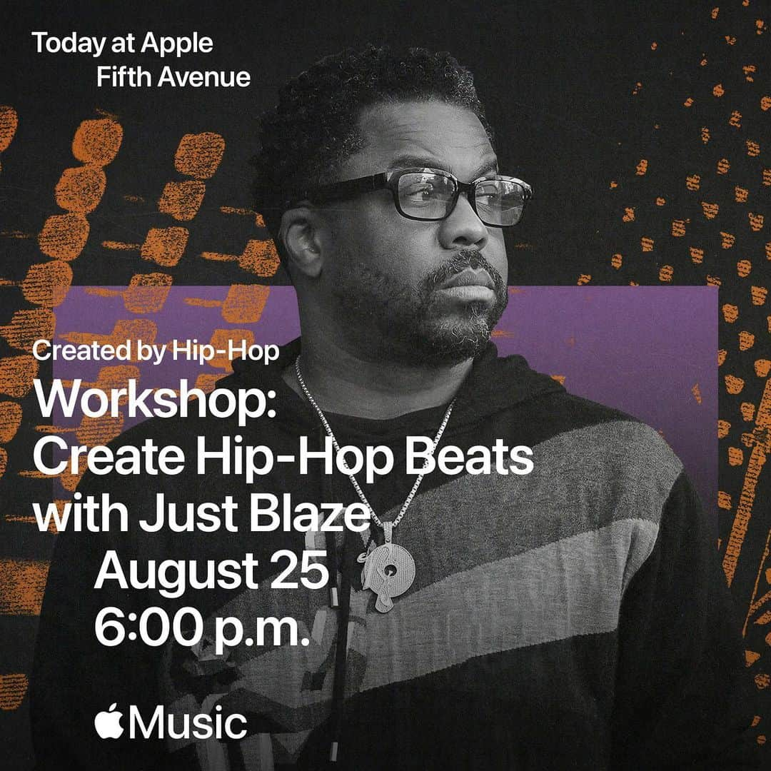 ジャスト・ブレイズさんのインスタグラム写真 - (ジャスト・ブレイズInstagram)「Peace! NYC area, join me, my family  @lowkeyuhtn and @buildingbeats at Apple Fifth Avenue on Friday, August 25 to celebrate 50 years of hip-hop. We’ll be nerding out on production technics and gear and how they’ve played a part in my career, and you know there will be plenty of storytelling as well. You’ll also learn how to create your own live mix using Logic Pro for iPad. It’s free but spots are limited, so sign up at apple.co/just-blaze or through the link in my bio!  #todayatapple」8月21日 3時37分 - justblaze