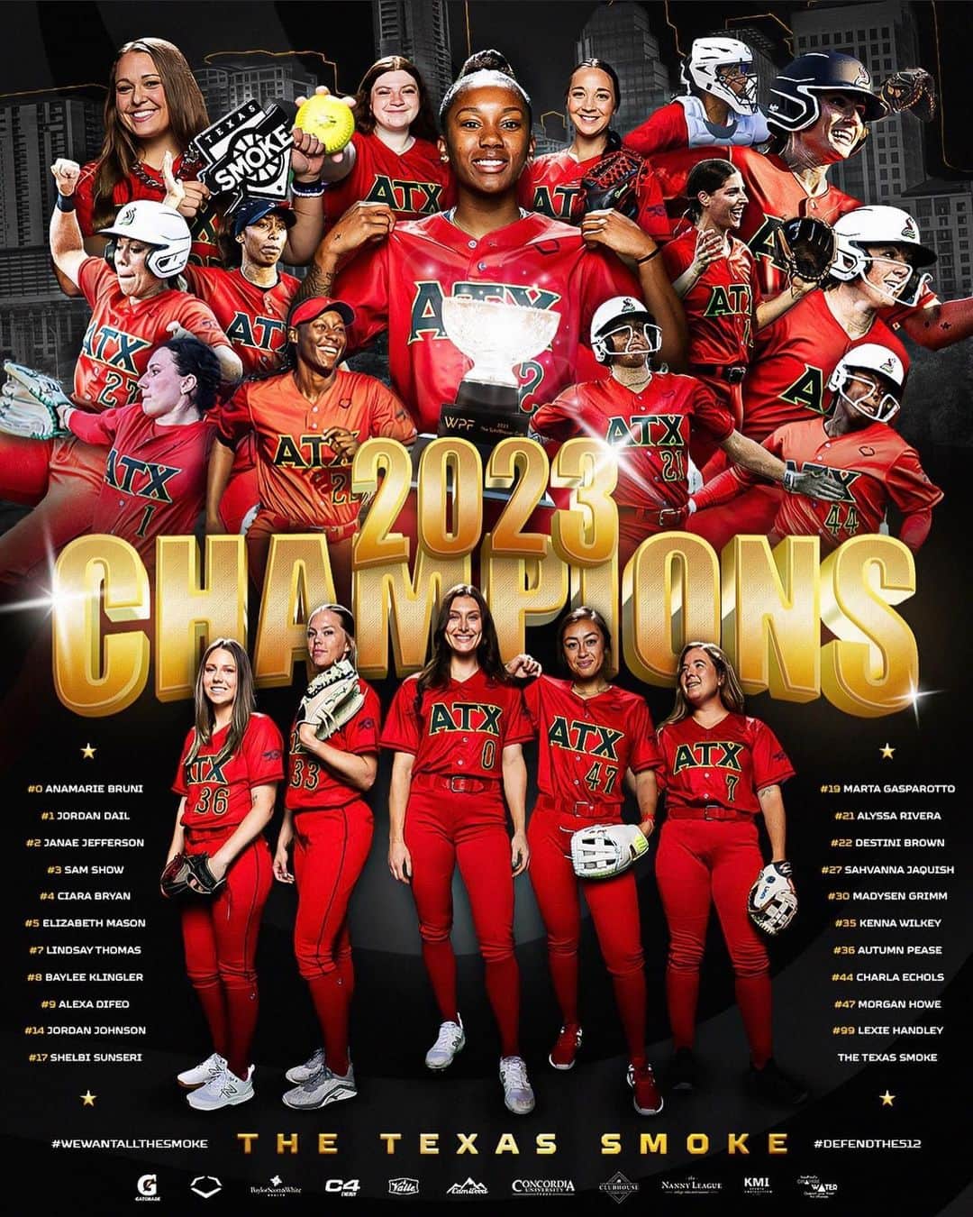 ブランドン・フィリップスのインスタグラム：「We shocked the world WPF CHAMPIONS🏆🤟🏾💯💨  I’m so proud of this team and what we have accomplished in our FIRST year. We set out to do things differently than they have ever been done before in women’s sports. This team right here trusting our process and putting in the hard work is what made that happen. From our whole @thetexassmoke management team to our coaches, trainers, and of course our talented players, we wouldn’t have had the success like we did this year if it wasn’t from them….THANK YOU SO MUCH!!!! Can’t wait for next year bc #DaShow is coming back stronger and smarter than ever for that BACK TO BACK🏆🎥🍿 #WeWantAllTheSmoke 💨 #DefendThe512 👊🏾」
