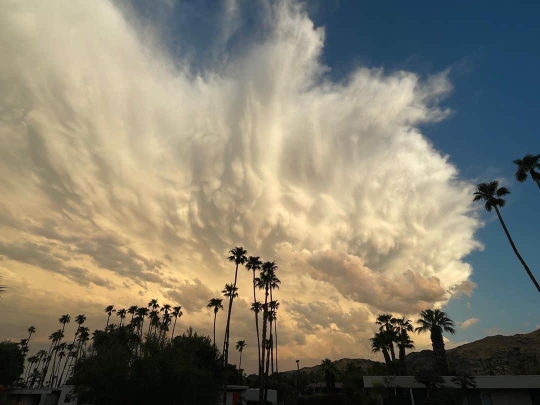メッチェン・アミックのインスタグラム：「The front of #hurricanehilary comin in… Swipe for the spectacular colors #nofilter - Plz stay safe everyone! Keep checking on each other.」