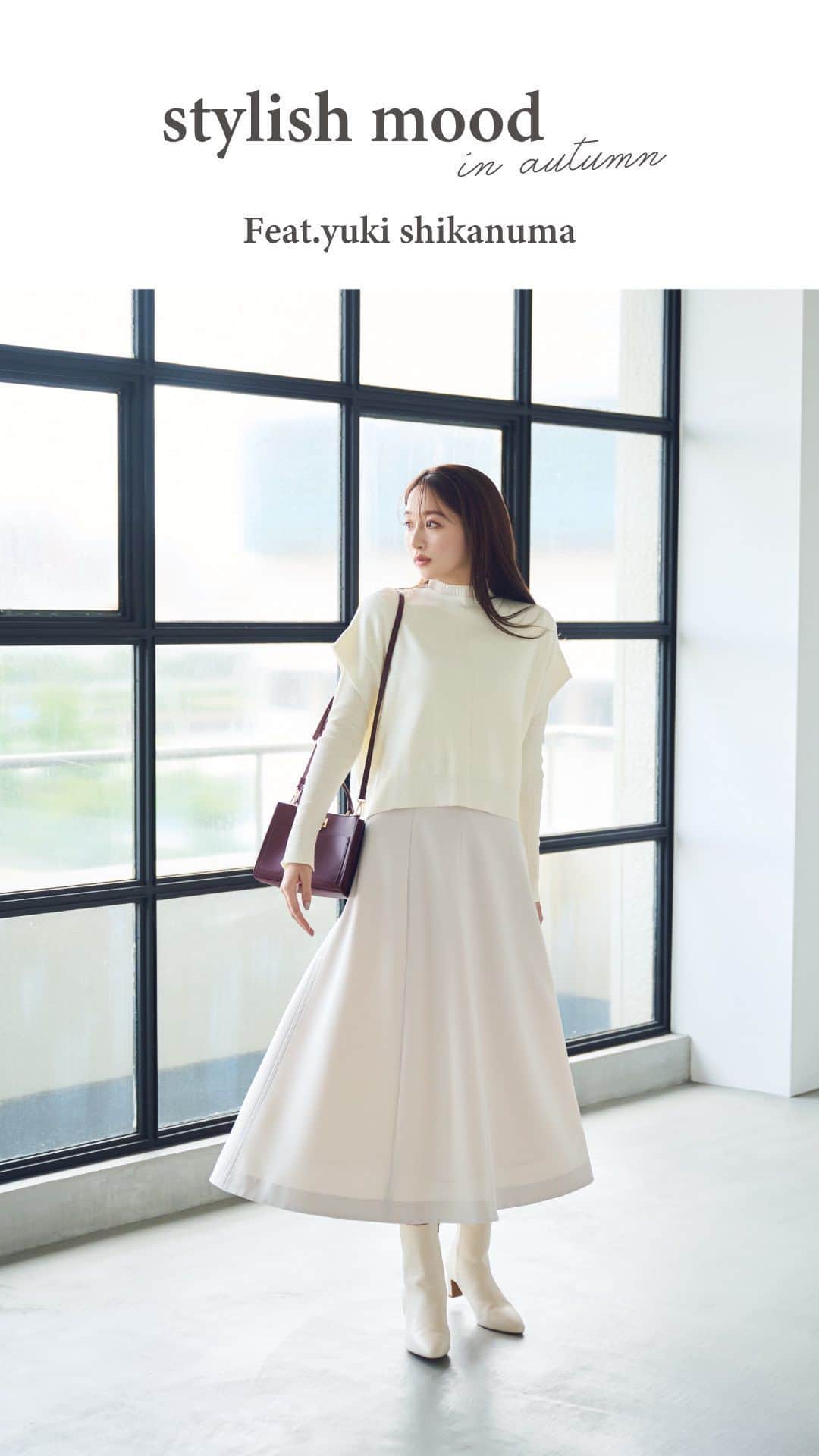 NATURAL BEAUTY BASICのインスタグラム：「鹿沼憂妃さん着用の 秋の新作webカタログが大好評公開中❤︎  Stylish mood in AUTUMN Feat.Yuki Shikanuma  シンプルながらも構築的なシルエットを作り出すトップスに、 クリーンなナロースカートやタックパンツ… NBBはこの秋、ミニマル＆スタイリッシュな コーディネートをご提案。  ファーやチュール、優しげなニュアンスカラー… 女性らしいニュアンスも程よく盛り込まれているから、 フェミニン派にもしっくりフィット。  #鹿沼憂妃 さん #ニット #ペプラムニット #ペプラムトップス #パンツスタイル #モノトーンコーデ  #秋先取り #秋コーデ #お出かけコーデ #オフィスコーデ #オフィスカジュアル #通勤コーデ #大人可愛い #カラーコーデ  #着回しコーデ #きれいめカジュアル  #ベーシックコーデ #ベーシック #ナチュラルコーデ #トレンドスタイル #シンプルコーデ #ナチュラルビューティーベーシック #naturalbeautybasic」