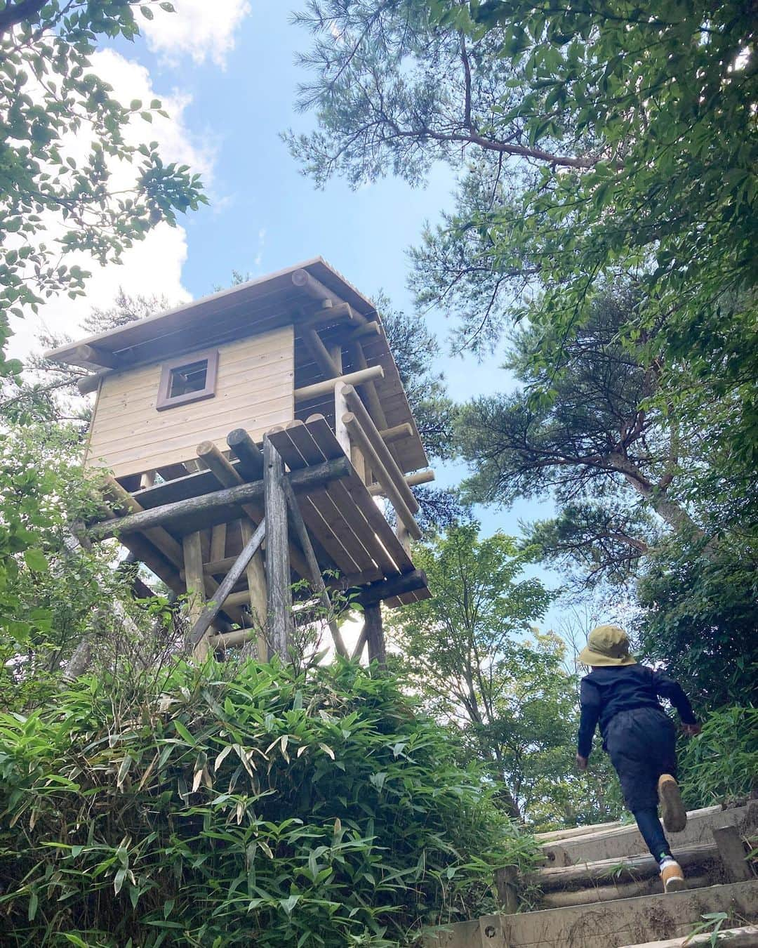 去来川奈央のインスタグラム：「. 森の中🌳の秘密基地  登った小屋🛖の 小さな窓から 有馬・三田の景色🪟☁️  #出たくない 🫠☀️  #greenia #六甲山アスレチック #六甲山アスレチックパークgreenia #六甲山 #兵庫おでかけ #アスレチックパーク #夏空 #夏の思い出」