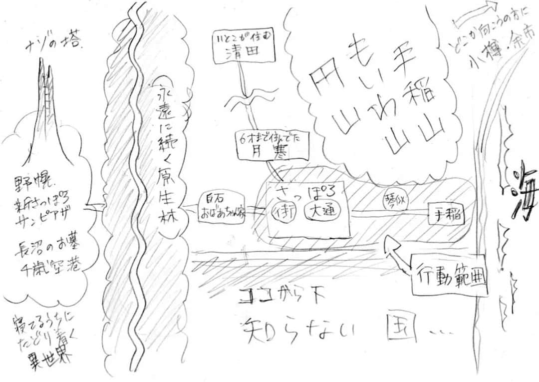 若狭たけしのインスタグラム：「子供の頃の脳内札幌地図を書いてみました。 一応高校卒業までは札幌（手稲）に住んでたんですが、手稲〜札幌駅に電車で行く…がほぼ生活の全ての行動範囲で、他の場所はたまに父の車に乗っていつの間にかどこかにたどり着く…程度の感覚しか無かったので、こんな感じになります。 大人になって実際の地図で確認したら、位置関係とか距離感とか全然違いましたね。 もうちょっと…自分で車を持っていろんな所へ行ったりして土地勘、位置関係を把握してから北海道を出ても良かったなぁと思います… #札幌 #地図」