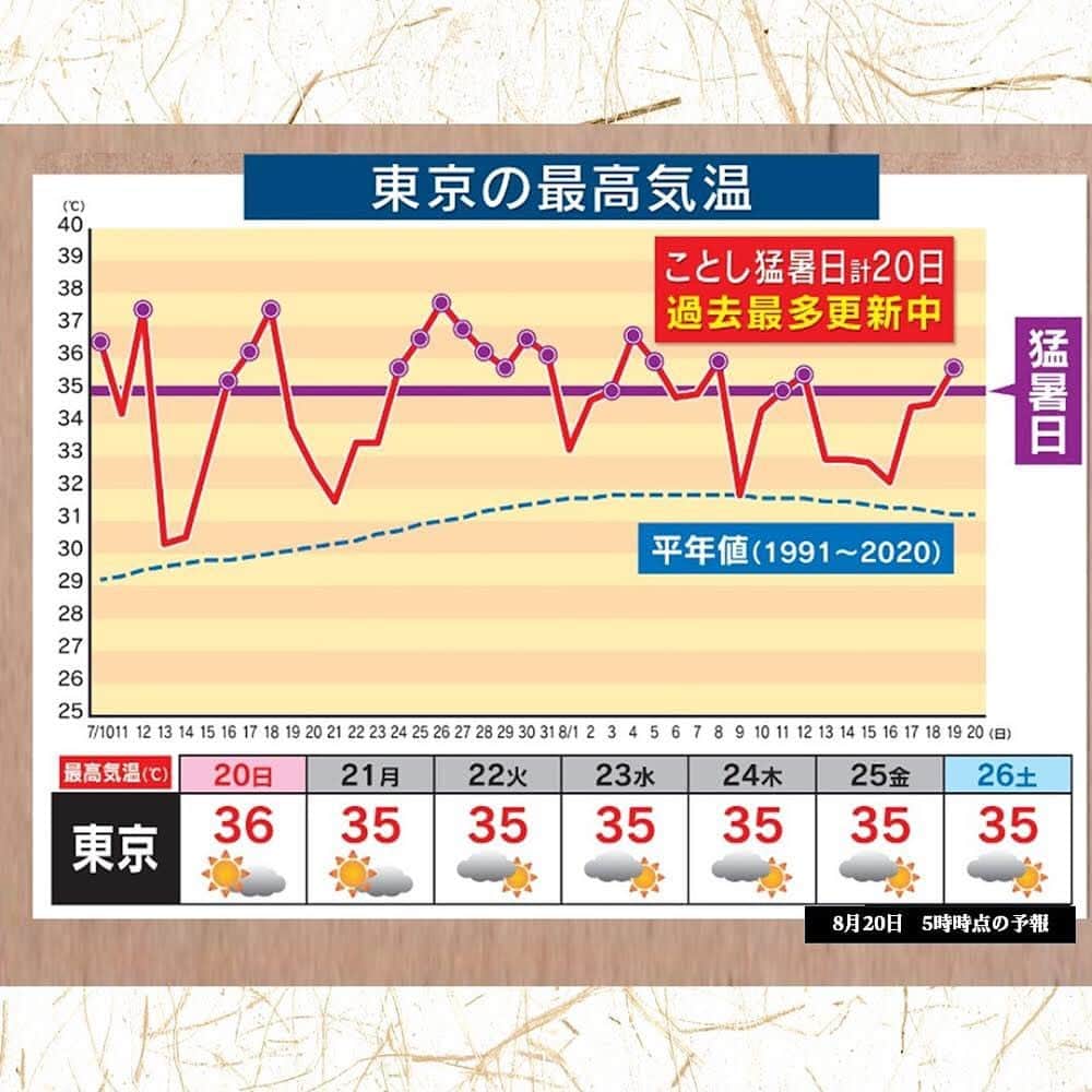 TBS「サンデーモーニング」さんのインスタグラム写真 - (TBS「サンデーモーニング」Instagram)「こちらは、この夏の東京の最高気温を示したグラフ。 35度以上の猛暑日は20日で、すでに、過去最多だった去年の16日の記録を超えています。さらに、8月20日から1週間の予想でも、毎日35度以上となっていますので、猛暑日の記録はさらに伸びそうです。  ちなみに、この青い点線は、過去30年間の東京の最高気温の平均です。 29度から32度ぐらいなので、いかに今年が異常な暑さかが見てとれます。  そしてVTRで水不足をお伝えした新潟ですが、26日連続で晴れの日が続く地域がありました。 一方、鳥取市では２日足らずで3か月分の大雨が降ったところもありました。  こうした極端な気象が温暖化によってもたらされるメカニズムについて専門家は、 「暖かい空気ほど水分を貯めこめる量、飽和水蒸気量が増えるので、雨が降らない晴天が続くことがある一方、貯めこんだ水分を一気に放出することで大雨も増える」と解説しています。 （「サンデーモーニング」2023年8月20日OAより） #サンデーモーニング  #関口宏 #台風 #水不足 #大雨」8月21日 13時43分 - sunday_m_tbs