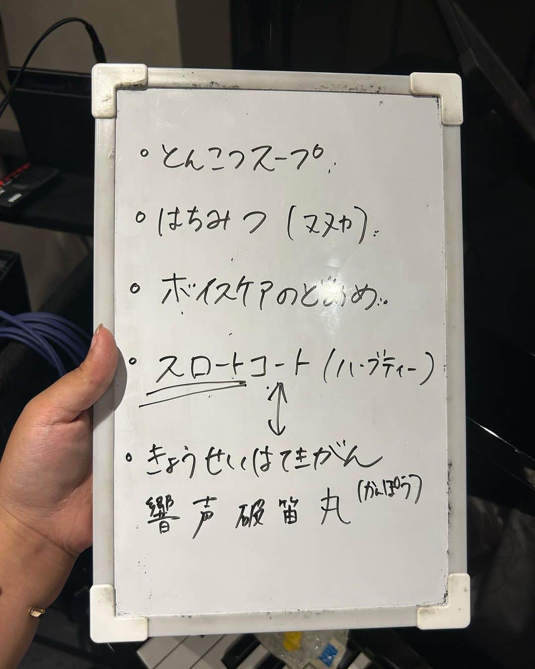 R!Nのインスタグラム：「レッスンで今日教えた喉にいいモノたち✨ 個人的には、響声破笛丸は緊急の時に毎回お世話になっている漢方がおすすめ！ めちゃくちゃ味はまずいけど、本当に効きます。 本番前にどうしても不安な時とかに飲むと気持ち的な意味でも落ち着きますよ👍  走り書きしたものなので字が汚くてすみません。笑」