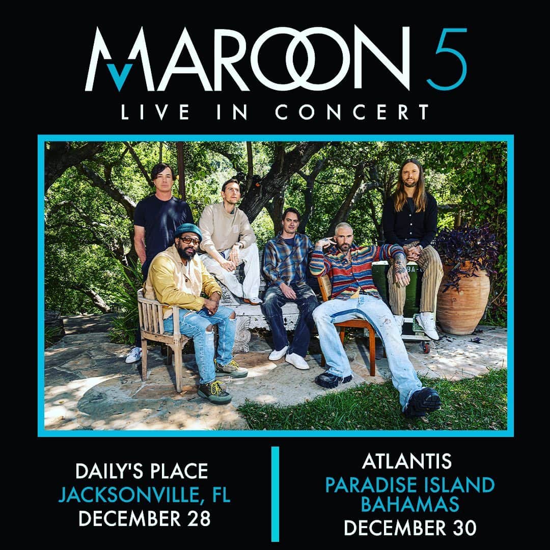 Maroon 5のインスタグラム：「This December, we’re heading East for our end of 2023 shows!  Join us in Jacksonville, FL 🐾 on 12/28 and Atlantis, Paradise Island Bahamas 🏝️ on 12/30 to close out the year with us!  Tickets go on-sale later this week, stay tuned for more info! 🎇🎆」