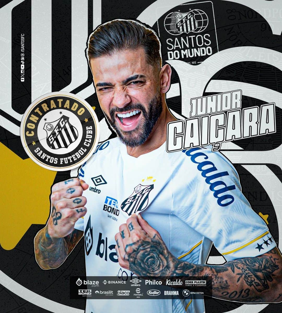 ジュニオール・カイサラのインスタグラム：「BEM-VINDO, JÚNIOR CAIÇARA! ⚪⚫  Júnior Caiçara é o novo lateral-direito do Santos FC. Torcedor declarado do Peixão, o atleta assinou nesta segunda-feira (21) um contrato válido até o fim do #Brasileirão deste ano.」