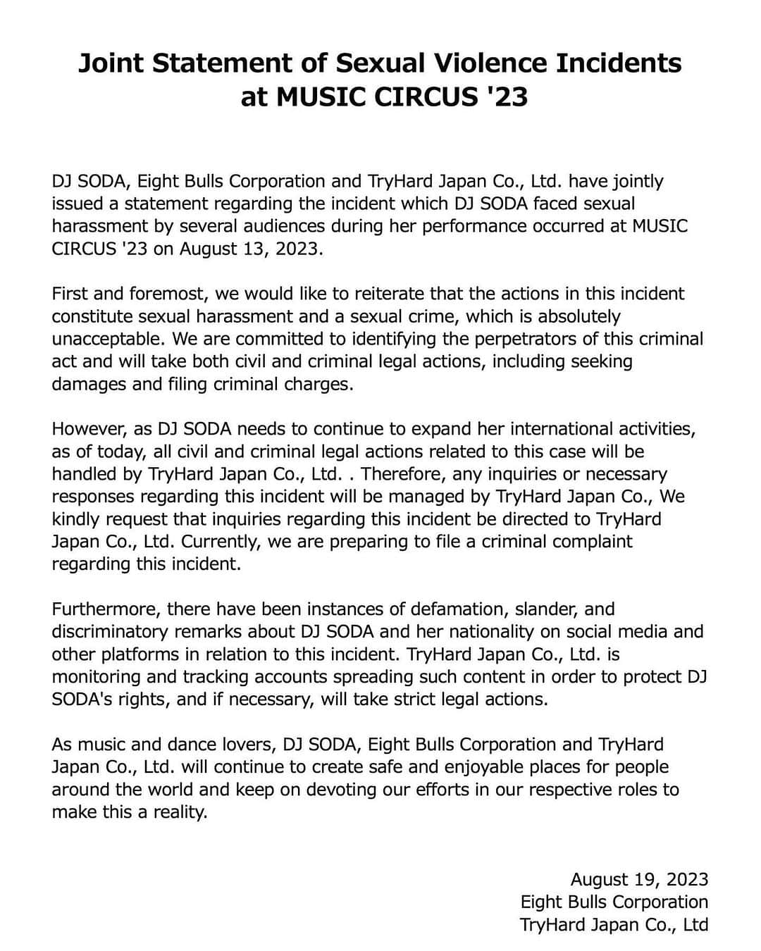 Dj Sodaのインスタグラム：「Please check the post to read the whole statement. I couldn't write everything in the caption cause it was too long.   "It is nothing related between clothing and sexual criminal. You should never make the victim a problem and shift the blame for the crime. The cause is from the perpetrator, not the sexy clothes. The mindset that 'wearing revealing clothes is a trigger for sexual violence' is a very biased and androcentric view.   When I was 6 years old, both of my parents were working and I was home alone and raped by a robber. At that time, I lied to my parents and said that I almost got robbed but I didn't open the door because I was afraid my parents would get hurt. The shock caused me to suffer from selective mutism, and I've lived my life hiding it without telling anyone about it. And when I went to the Spectrum Festival Korea in 2018, I was sexually harassed by a man who was in the VIP, and I was looking for the person's identity. But at that time, photographer who I knew said, “You earn well, the #MeToo movement is strong these days, and if you do it together, it will be difficult for us to earn a living.” Then I couldn't do anything after hearing it and I couldn't help but keeping the picture of the person and suffering from feeling shame alone myself. And when I was sexually harassed by fellow overseas DJ, I never received apololgies and only heard that it was a joke. And my former company was negotiating with a brand for an advertising model, so they told me that it will deteriorate my image and asked me to take down the post about it. I was sexually harassed and molested several times throughout my life, and I thought I had to hide it and live as if nothing had happened.   But now I don't want to avoid or hide anymore. If I ignore this, someone else will inevitably become a victim. “Does being sexually harassed mean there's a problem with victims?". Why are you asking the victim for a cause? I think that perpetrators and secondary perpetrators are equally bad. It makes me sad that this is happening in 2023...." (continued on the post)」
