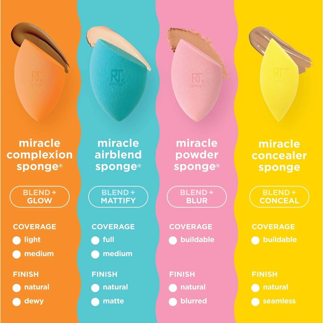 Real Techniquesのインスタグラム：「A sponge for every need to create the base of your dreams 💫  🧡 Blend + Glow 💙 Blend + Mattify 💗 Blend + Blur 💛 Blend + Conceal  Available at @ultabeauty!」