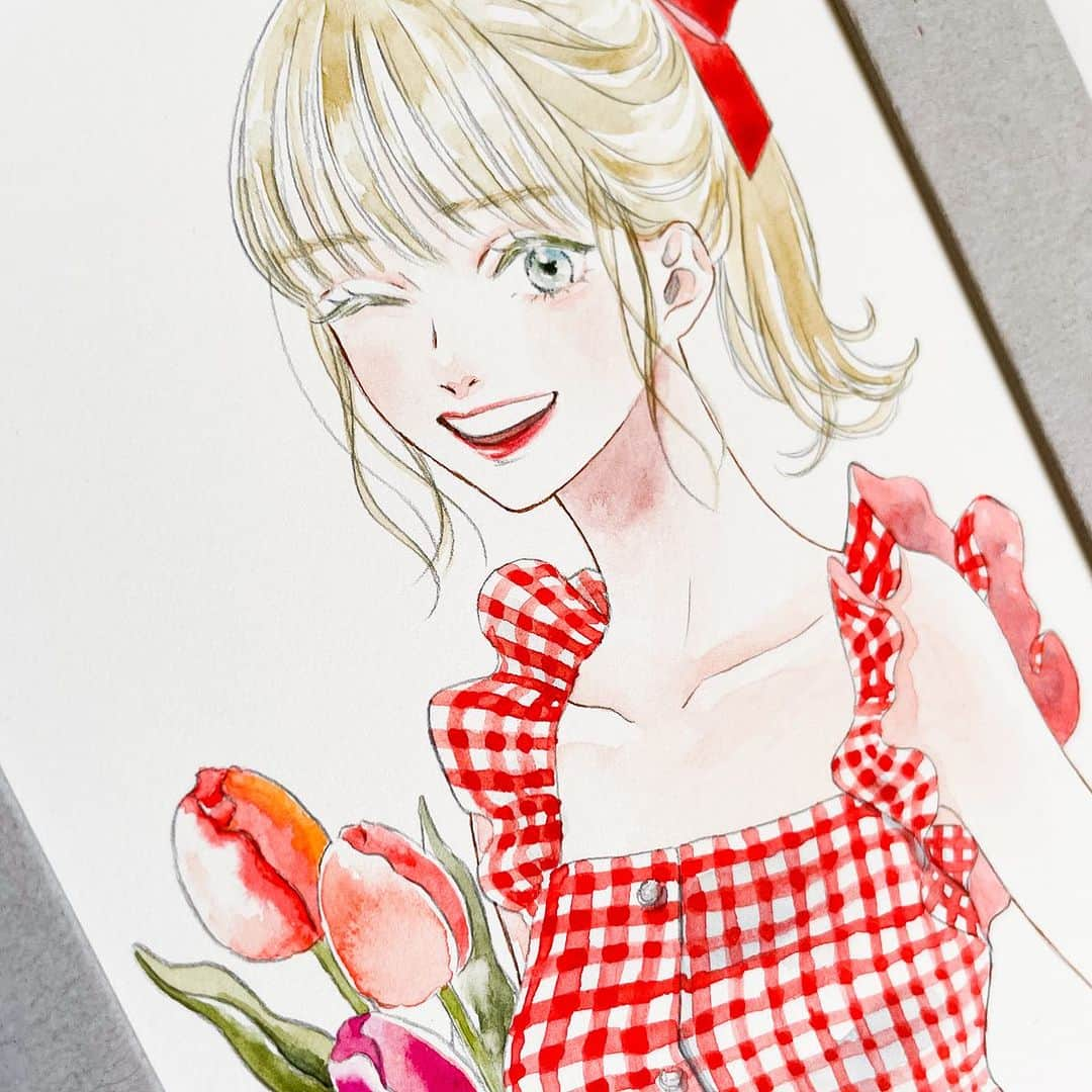 miiiのインスタグラム：「🌷 . . . . .  #illustration #illustrator #art #drawing #watercolor #watercolorpainting #watercolorart #watercolorillustration #透明水彩 #水彩イラスト #水彩画 #イラスト #アナログイラスト #일러스트　#드로잉 #그림스타그램 #손그림 #미술 #스케치 #插图 #畫畫 #插畫 #手繪 #繪 #绘画 #fashionillustration #fashion #コーディネート #coordinate #コーデ」