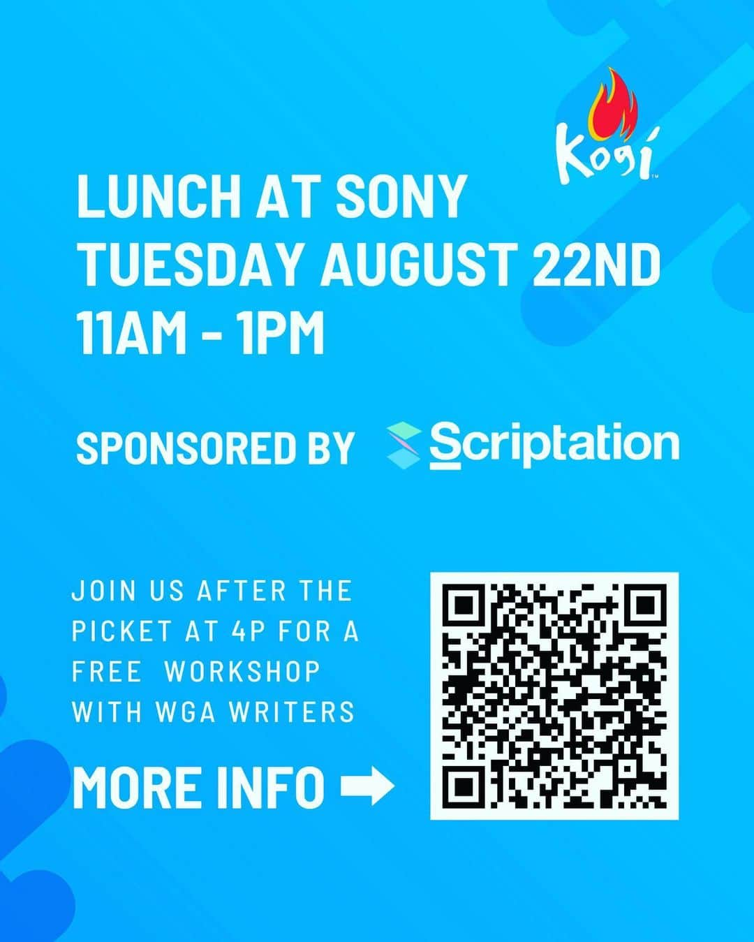 ロブ・モローのインスタグラム：「Come picket at Sony tmorrow!Scriptation is sponsoring a Kogi truck from 11A - 1P at the Overland gate. Then at 4P we're hosting a free workshop for writers on Zoom. Sign up here.」