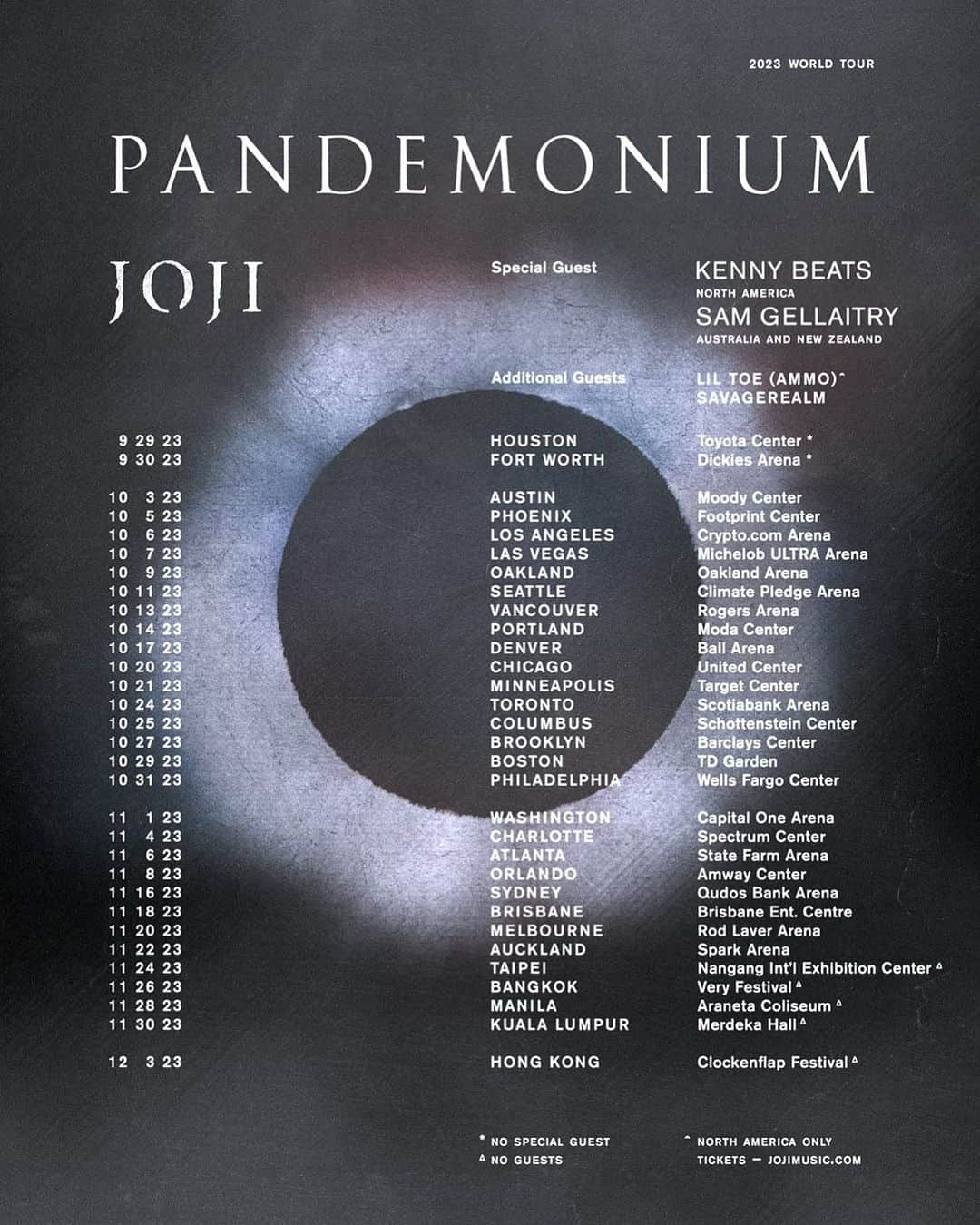 Jojiのインスタグラム：「PANDEMONIUM WORLD TOUR  NEW DATES ADDED IN AUS, NZ AND ASIA  AUS/NZ ON SALE FRIDAY 8/25 @ 2PM LOCAL  ASIA ON SALE SATURDAY 9/2 @ 10AM LOCAL  NORTH AMERICA ON SALE NOW  TICKETS AVAIL AT JOJIMUSIC.COM」