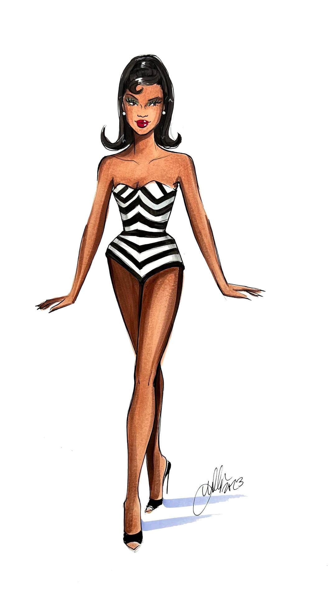 Holly Nicholsのインスタグラム：「Retro Beach Babe 💕 #vintagebarbie #barbie #asmr #fashionillustration #copic」