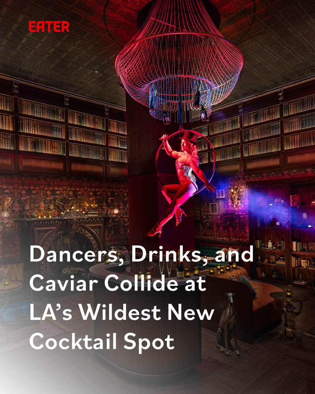 Eater LAのインスタグラム：「Aerialists twirl upside down, pouring champagne into glasses as visitors enter Mr. Wanderlust (@mrwanderlust.dtla), a new bar opening at Downtown LA's Level 8 on August 24. The library-like space is dark and ambient, filled with vibrant, rich fabrics; tall, lit bookcases; custom wallpaper; and a rotating piano bar.   It’s a bold opening for the property at large, conceived and built by the Houston brothers (@houston_bros), Mark and Jonnie Houston. Hit the link in our bio to read the full opening story from LA editor Virali Dave (@virali).  📸: @wonhophoto and @michaelkleinbergphotography」