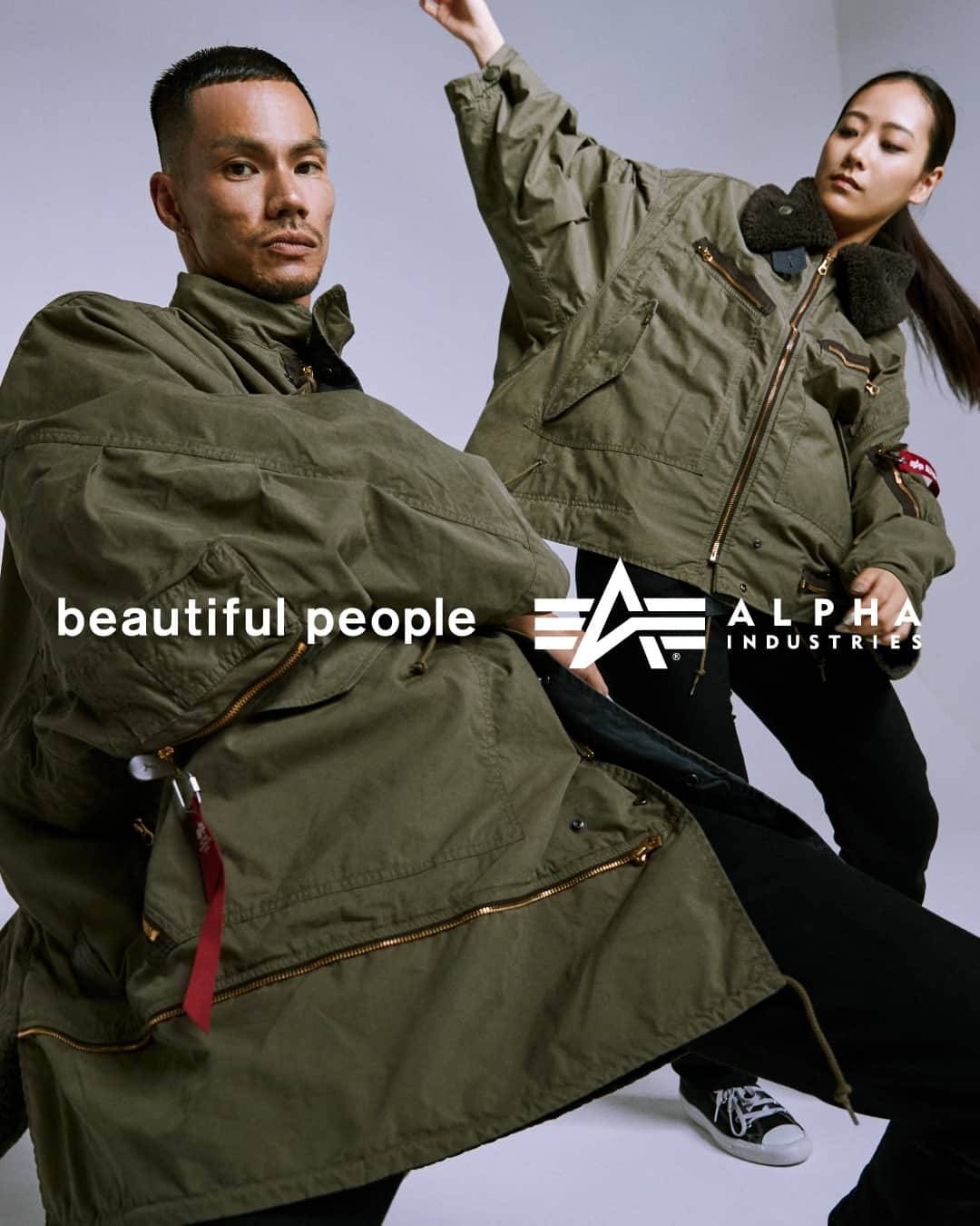 のインスタグラム：「#preorder The 2nd Collaboration - 4 WAY DOUBLE-END MOD'S COAT with ALPHA INDUSTRIES is coming soon in early Sep. ⁠ Pre-orders are available from 22 Aug online. ⁠ ⁠ 8/22(火)　beautiful people online storeにて先行予約開始⁠ 9/09(土)　beautiful people直営全店にて発売予定⁠ ⁠ 1着で4通りのデザインを楽しむことができるアルファダブルエンドモッズコートが登場します。本来混じり合うことのない、陸軍、海軍、空軍の要素が1着につまったアイテムです。⁠ ⁠ ①M-65 エクストリームコールドウェザーコート仕様⁠ ➁B-43 ヘビーフライトジャケット仕様⁠ ➂AL-1 ヘビーフライトジャケット仕様⁠ ④M-65 フィールドジャケット仕様⁠ ⁠ ⁠ The mod coat is the second collaboration with the military manufacturer "ALPHA INDUSTRIES", which was founded in the USA in 1959.⁠ ⁠ Inspired by four pieces of vintage military wear. ⁠ The coat incorporates the "DOUBLE-END" design concept, in which new functions and forms are created by turning the top and bottom of the coat upside down, and is a surprising 4-way specification. It combines elements of the Army, Navy and Air Force in a single garment. ⁠ ⁠ Made from ALPHA cotton-nylon poplin used for M-65 coats and cargo trousers. It is not only extremely lightweight, quick-drying and functional but also highly durable.⁠ ⁠ ① M-65 Extreme Cold Weather Coat⁠ ➁ B-43 heavy flight jacket ⁠ ➂ AL-1 heavy flight jacket ⁠ ④ M-65 field jacket ⁠ ⁠ Pre-orders are now available ⁠online and inquire in our domestic stores. ⁠ ⁠ www.beautiful-people.jp⁠ www.beautiful-people-creations-tokyo.com⁠ ⁠ talent: @tecchysouthgate @miyudance_ art direction. design @park_sutherland ⁠ photographer AKIRA SHIMAZU @shmzakr⁠ ⁠ #beautifulpeople⁠⁠⁠ #ビューティフルピープル⁠⁠⁠ #CreationsTokyo⁠ #コラボレーション⁠ #ALPHAINDUSTRIED⁠ #アルファ⁠ #ModsCoat⁠ #Military⁠ #本格的なミリタリー仕様⁠ @alphaindustries @alpha_industries_japan」