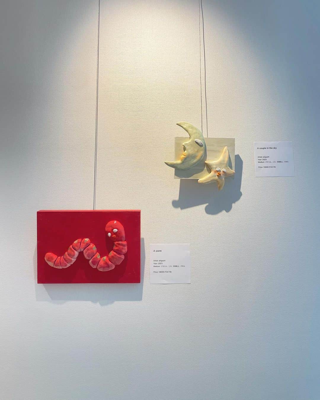 木越明のインスタグラム：「“A worm”  『芋虫』  and  “A couple in the sky” 『空のカップル』 (Sold)  2023 アクリル、ニス、石粉粘士、パネル  #akigoshinoyatsu  #clay #clayart #claysculpture #art #painting #ceramic #ceramica #illustration#characterdesingn #instaart」