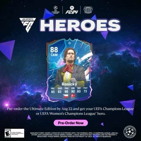 トマーシュ・ロシツキーのインスタグラム：「Guessing my #FC24 rating 😅   Don’t miss out! Pre-order #FC24 Ultimate Edition to add an Ultimate Team hero to your squad.」