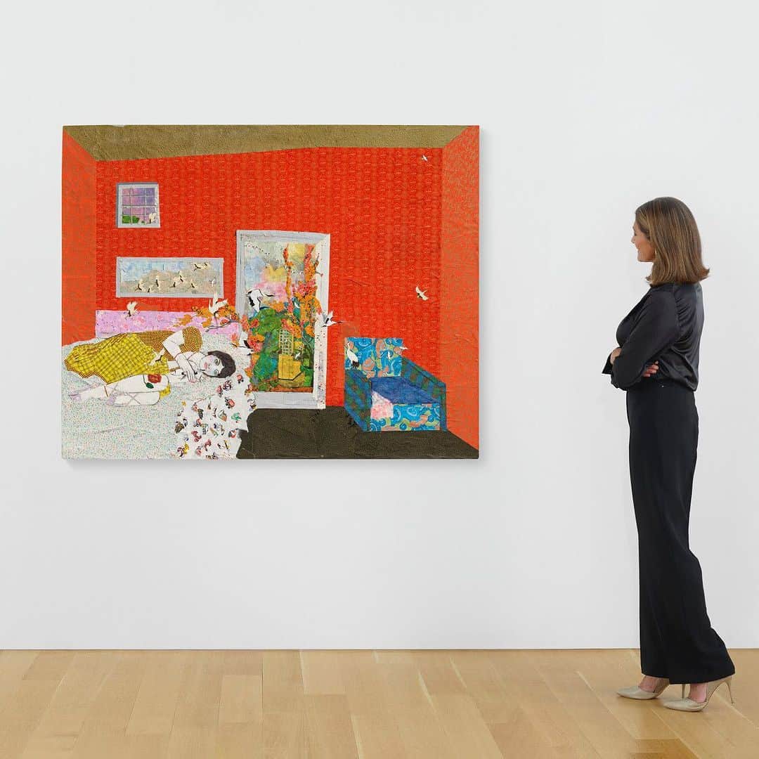 クリスティーズのインスタグラム：「'My collages depict spaces of refuge; in them, women rise to meet contemporary challenges.' - María Berrío⁣ ⁣ Born in Bogotá, Colombia, Berrío is known for her prismatic, large-scale paper collages which she creates using torn bits of ornately patterned Japanese paper, paint, sequins, and other materials.⁣ ⁣ Her intricate collages are inspired by the history of Columbian art and literature, they call to mind the magical realism of Latin American artistic figures.⁣ ⠀⁣ María Berrío (B. 1982), 'I am not from Here, I am not from There' (2016).⠀⁣ ⠀⁣ 📍Available via Christie's Private Sales. Price upon request.⠀⁣ ⁣ 🗓 Selfhood: Explorations of Being and Becoming in 20th and 21st Century Art | Available online until 31 August⁣ ⠀⁣ #christiesprivatesales #selfhood #portraitmode @nationalportraitgallery」