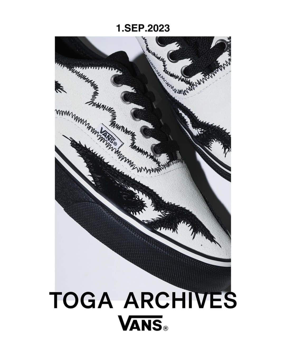 TOGAのインスタグラム：「9月1日(金)11:00AMより TOGA × VANSを発売致します。  TOGA × VANS collaboration will launch on Friday 1st of September 11:00AM JST.  【AUTHENTIC VANS × TOGA】*socks included color: off white size: TOGA STORES 22cm~29cm (unisex) BEAMS 23cm~29cm (half sizes incl.) price: 27,500 yen (25,000 before-tax)  【SWEAT SHIRTS VANS × TOGA】 color: black size: S, M, L, XL price: 16,500 yen (15,000 before-tax)  【STORES】 TOGA HARAJUKU TOGA SHIBUYA PARCO TOGA OSAKA TOGA HANKYU UMEDA *10:00AM 抽選入場/raffle entry TOGA KANAZAWA TOGA ONLINE STORE  BEAMS WOMEN HARAJUKU BEAMS ONLINE STORE VANS HARAJUKU  @vansjapan @beams_women_harajuku  @togaarchives_online  https://store.toga.jp/  #vansjapan #vansauthentic #togaarchives」