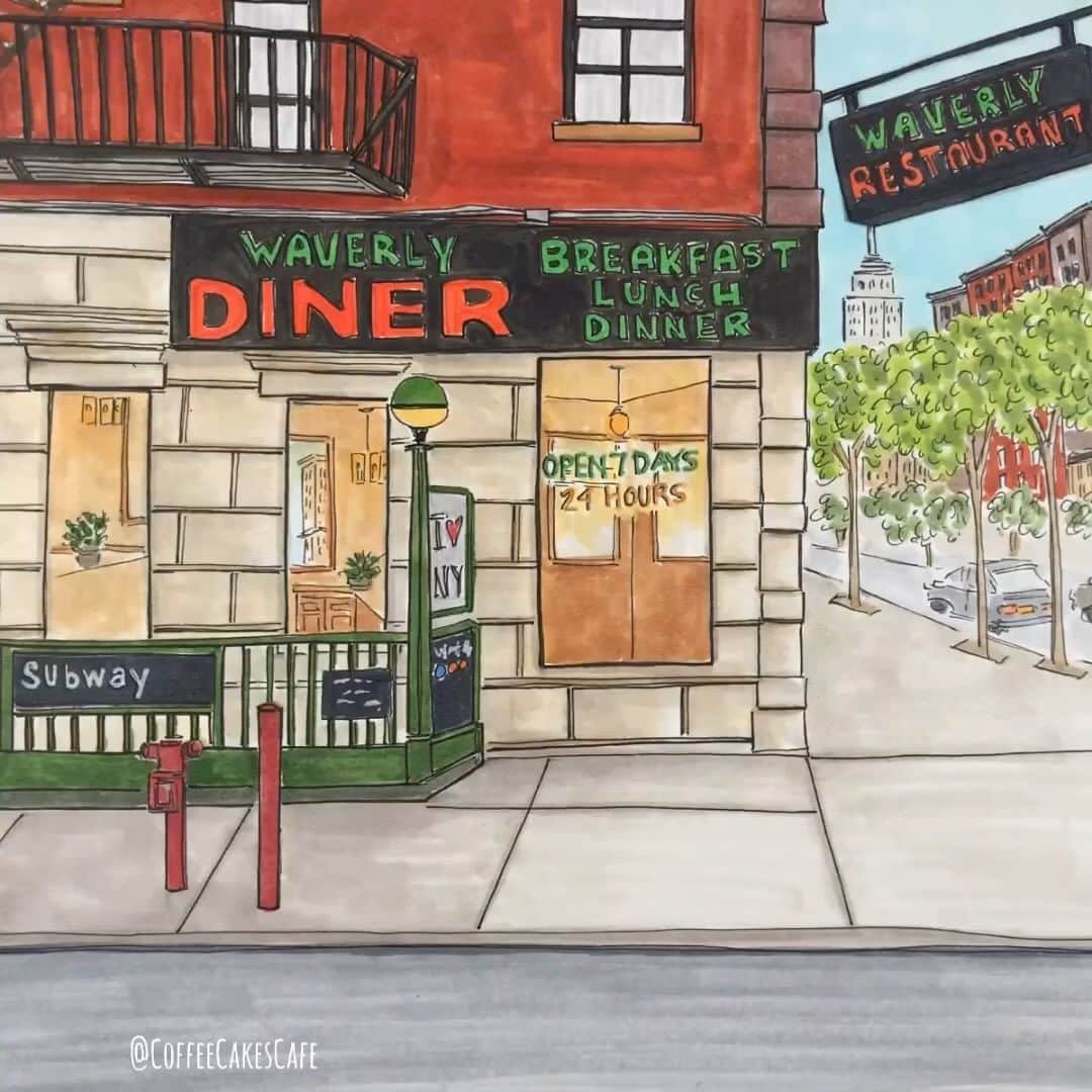 RIASIMのインスタグラム：「A classic diner will always remain a local favorite! I was going through my old pictures and forgot I drew this. Thought it would be fun to share this little corner charmer! Happy Tuesday everyone! ❤️🍴☕️ . . . . . . . . . . #westvillage #westvillagenyc #westvillagelife #westvillagenewyork #westvillageny #waverlydiner #prettycitynewyork #storefrontcollective #stopmotion #coffeecakescafe #greenwichvillage #made_in_ny #nycart #cornersofnewyork」
