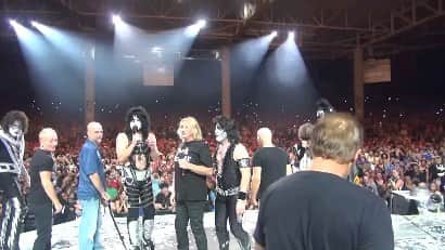 KISSのインスタグラム：「#KISSTORY - August 22, 2014 - @defleppard joined us in taking the ALS Ice Bucket challenge on stage in Noblesville, Indiana. Our techs sure enjoyed helping out! HA! @als #KISS50」