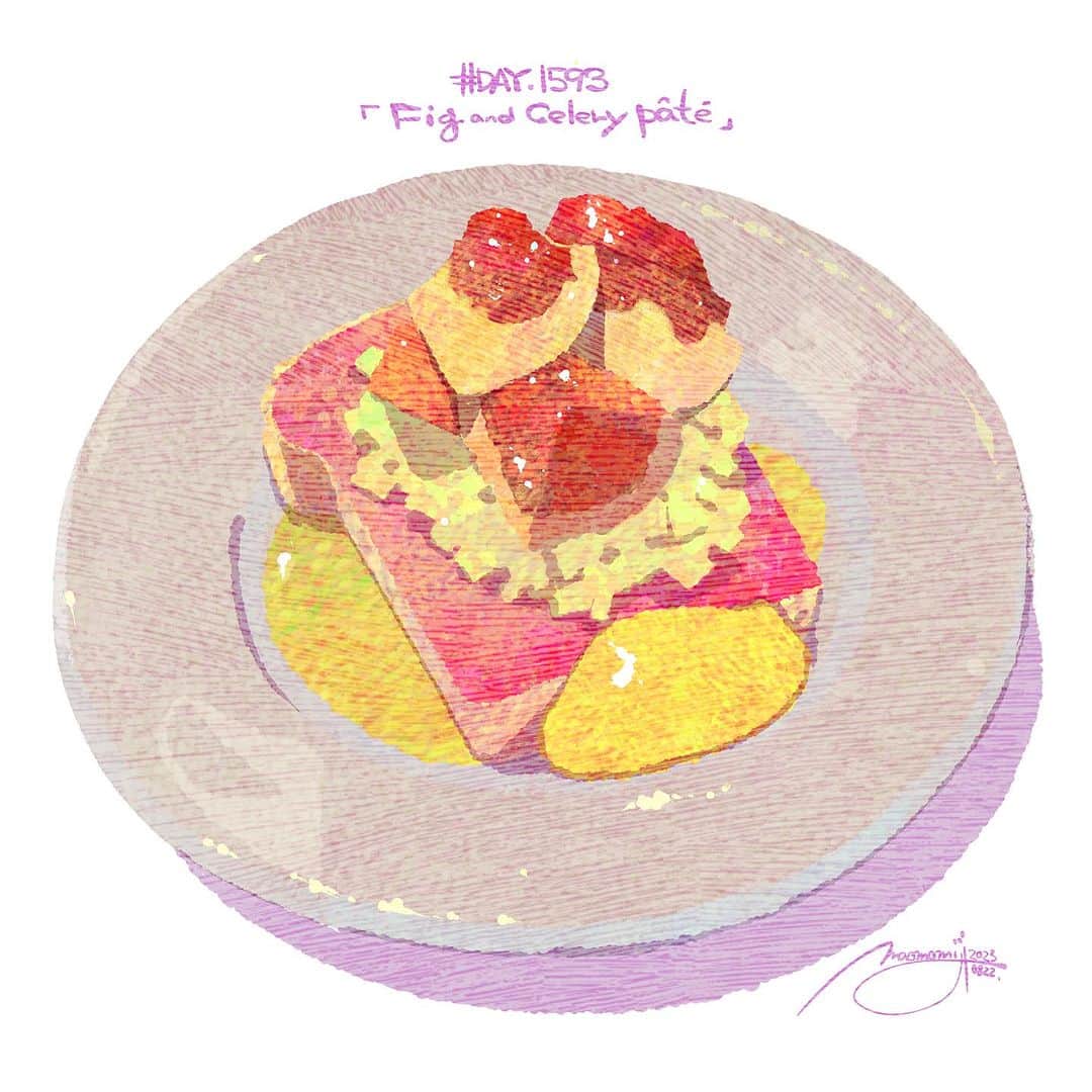 もみじ真魚のインスタグラム：「『#1593/「Pate with figs and celery」』  もみじ真魚/MaoMomiji 2023年8月23日 00:30  "Juicy and beautiful patty" A dish I ate at a bar that was introduced to me by a culinary researcher friend. A thick patty topped with mustard, chopped celery and juicy figs. Enjoyed with a glass of red wine. Delicious food is beautiful.  「ジューシーかつ、美しいパテ」 料理研究家の友人に紹介してもらって行ったバルで食べた一皿。肉厚なパテにマスタード、刻んだセロリ、ジューシーなイチジクが乗った料理です。赤ワインを片手に楽しみました。美味しいお皿は美しい。  #日刊ごはんが好き #foodie #foodieart #dailyilovefood  #毎日更新 #foodillustration #fooddrawing #もみじ真魚 #maomomiji #飯テロ #美食 #pate #ブイプラス」