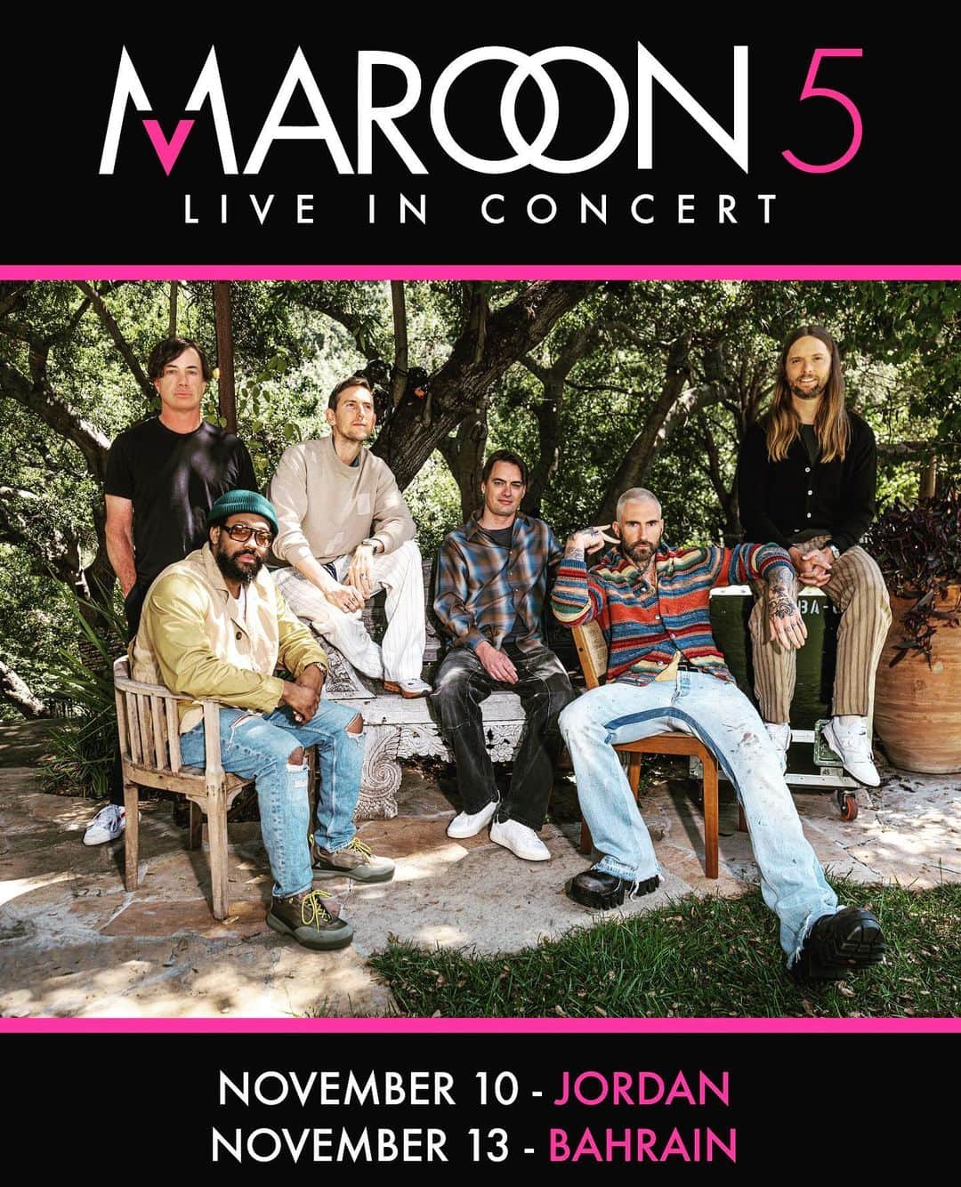 Maroon 5のインスタグラム：「We’re adding a couple more international shows, in Jordan and Bahrain, before the end of the year!  Nov. 10th @ Amman Exhibition Park Nov. 13th @ Al Dana Amphitheatre  On-sale Aug. 28th at 12pm local time  #linkinbio」