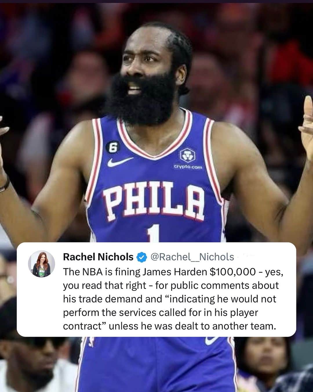 のインスタグラム：「I’m case you were wondering what happens when you call the team president a liar…James Harden fined $100,000 by the #NBA」