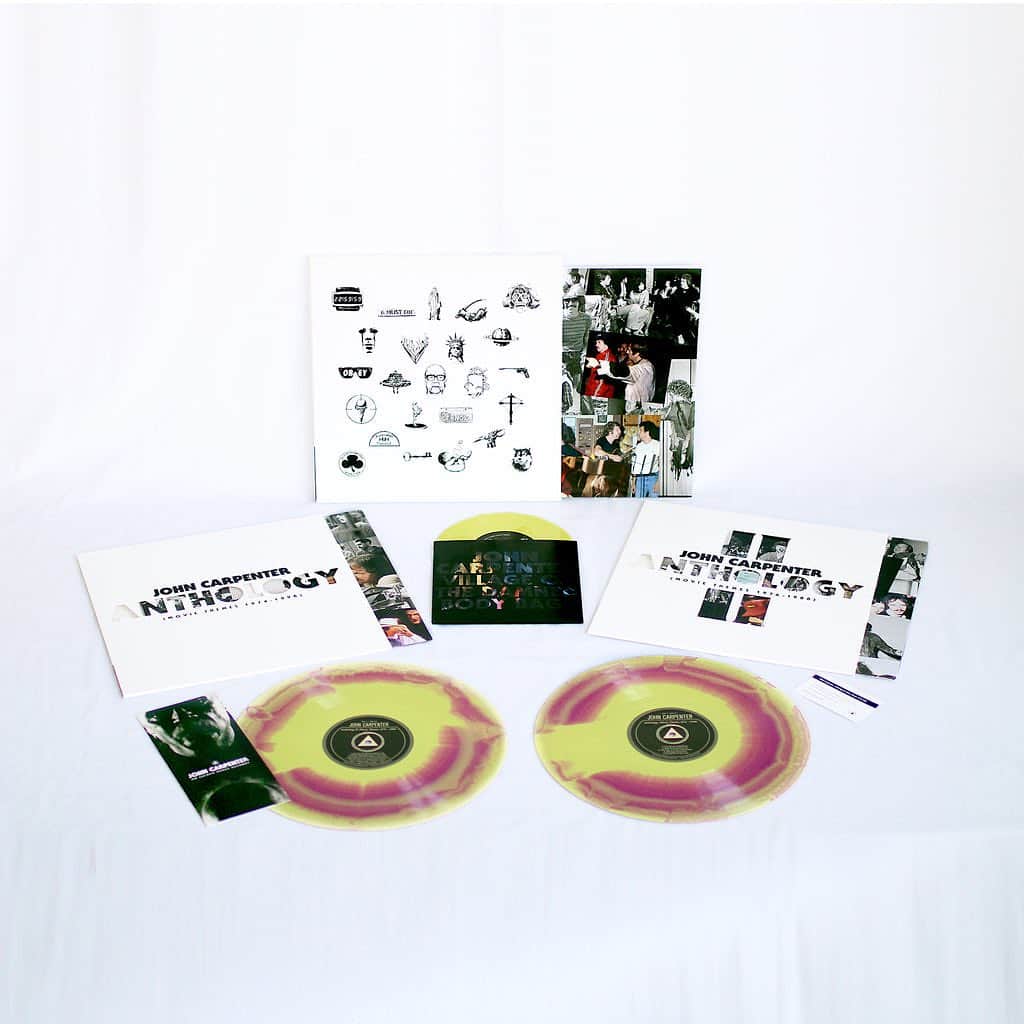 のインスタグラム：「In celebration of @sacredbones release of @johncarpenterofficial Anthology II, we are so excited to announce a special boxset of both Anthology I & II! Boxsets come with a bonus 7”, and an exclusive poster, and we also have a deluxe boxset that comes with both Anthology themed slip mats! Pre-order now, out October 6th! We also have special limited edition cassette boxsets while supplies last as well as an exciting array of “Music by John Carpenter” merch featuring the iconic font, including brand new totes and long sleeves. all available for purchase at the link in bio!」