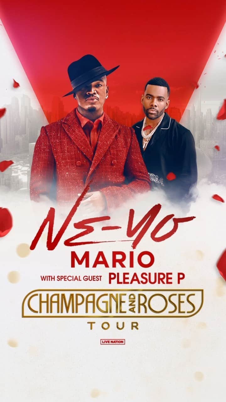 NE-YOのインスタグラム：「Y'ALL READY TO BREAK OUT THE CHAMPAGNE?!  My brothers @marioworldwide,  @pleasurep and I are heading to a city near you beginning 9/9! Hit link in bio for tickets. And if you already have tickets, drop 🥂🌹 in the comments to let me know you'll be in the building! #ChampagneAndRoses」