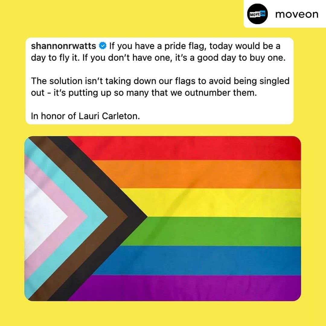 レイチェル・レフィブレのインスタグラム：「🏳️‍🌈🏳️‍⚧️🏳️‍🌈🏳️‍⚧️🏳️‍🌈🏳️‍⚧️🏳️‍🌈🏳️‍⚧️🏳️‍🌈🏳️‍⚧️🏳️‍🌈Posted @withregram • @moveon For O'Shea Sibley. For August Golden. For Lauri Carleton. For too many others. 🏳️‍🌈🏳️‍⚧️  For resources to share as well as ways to take action, including starting your own petition to be in solidarity with your local LGBTQ+ community, visit: MoveOn.org/GenRainbow . . . . Image description: An image of the Progress Pride flag is featured alongside a screenshot of a post from Shannon Watts. "If you have a pride flag, today would be a day to fly it. If you don’t, buy one.  The solution isn’t taking down our flags to avoid being singled out - it’s putting up so many that that we outnumber them. In honor of Lauri Carleton."]」