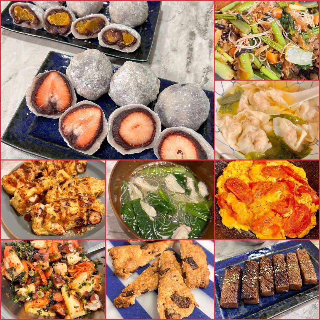 長江里加のインスタグラム：「#りかちまる飯 ⁡ 5月の作ったメシです🍚 遅くなりましたが、頂いた大福キット作らせて頂きました！！ 友達3人でわいわい作ったので楽しかったです❣️ 楽しい思い出をありがとうございます😊 それでは、よーいドン！ ⁡ ⁡ ①苺とみかんの大福 ちゃんと糸で半分に切って映えさせたよ💗 冷蔵庫でしばらく熟させた苺と、 ゼリー作ろうかなと思って買っといた甘夏！ 言わずもがな、死ぬほど美味い。 特に甘夏が本当に美味しくて、みんなで発狂しました🫨🫨🫨 おばあちゃんになっても、こうやって和菓子を食べてお茶しようねって話しました。笑 ⁡ ⁡ ②おかあやんのエビワンタン はいうまいーーー うますぎーーー 冷凍でお母さんが送ってくれて、 その日のうちに食べた😋 ワカメも足してみた♪ スープは適当に｛醤油、味の素、塩胡椒｝ さいこーーー ⁡ ⁡ ③トマト卵 栗原心平さんのレシピを真似しました🍅 最高です。 私のおかあやんのも美味しいけど、 心平さんのは調味料も肯定も少なくて簡単だた！ みなさんもぜひ検索してみて! ⁡ ⁡ ④たこ焼き⁇ 見た目はお好み焼きだけど、 材料はたこ焼き！ たこ焼き機を使わずに、卵焼きフライパンで作った！ やっぱたこ焼き食べるならたこ焼き機で作るのがいいなと改めた！笑 ⁡ ⁡ ⑤鶏だしスープ ササミか胸肉を茹でて、 その茹で汁のままスープにした！ 野菜は小松菜かな？ 春雨も足した！ 塩で味を整えるのみ！ ほっとする〜🫧 ⁡ ⁡ ⑥チャプチェ お好みの具材で、適当にチャプチェ なんでチャプチェってこんなに美味しいんだ 生み出した人天才か？😠 ⁡ ⁡ ⑦オートミールでスコーン 板チョコが中途半端に5カケくらい残っていたのと、 オートミールも消費したくて、 勉強のお供にスコーン作った！！ とんでもないくらい美味しくて、 勉強する前に全部食べ終えた…。 悪魔の食べ物や…。 チョコっておいしいね。 ⁡ ⁡ ⑧こんにゃくステーキ きれいな形で作ってみたかったのだが、 念入りに焼きすぎてちと焦げた😣 切れ目は絶対必要！ 私はネギカッター?で切れ目入れてるよ！ ⁡ ⁡ ⑨作りすぎな🐙 5回は作ったタコキムチトマト 皆んなももう覚えたよね！ ｛茹でタコ、トマト、キムチ、ごま油、のり、ねぎ｝ 混ぜるだけ！ ハマると連続しちゃうんだよね。 一度は作ってみて！！ ⁡ ⁡ ⁡ 夏バテはしてないけどお腹はちょくちょく壊していて😅 食中毒とか気をつけようね…！ 口にするもの全部冷蔵庫or冷凍庫にしまおう！！ まだまだ暑い夏は続きますが、 めでたしめでたしめしうまし。 ⁡ #りかちまる飯 ⁡ ⁡」