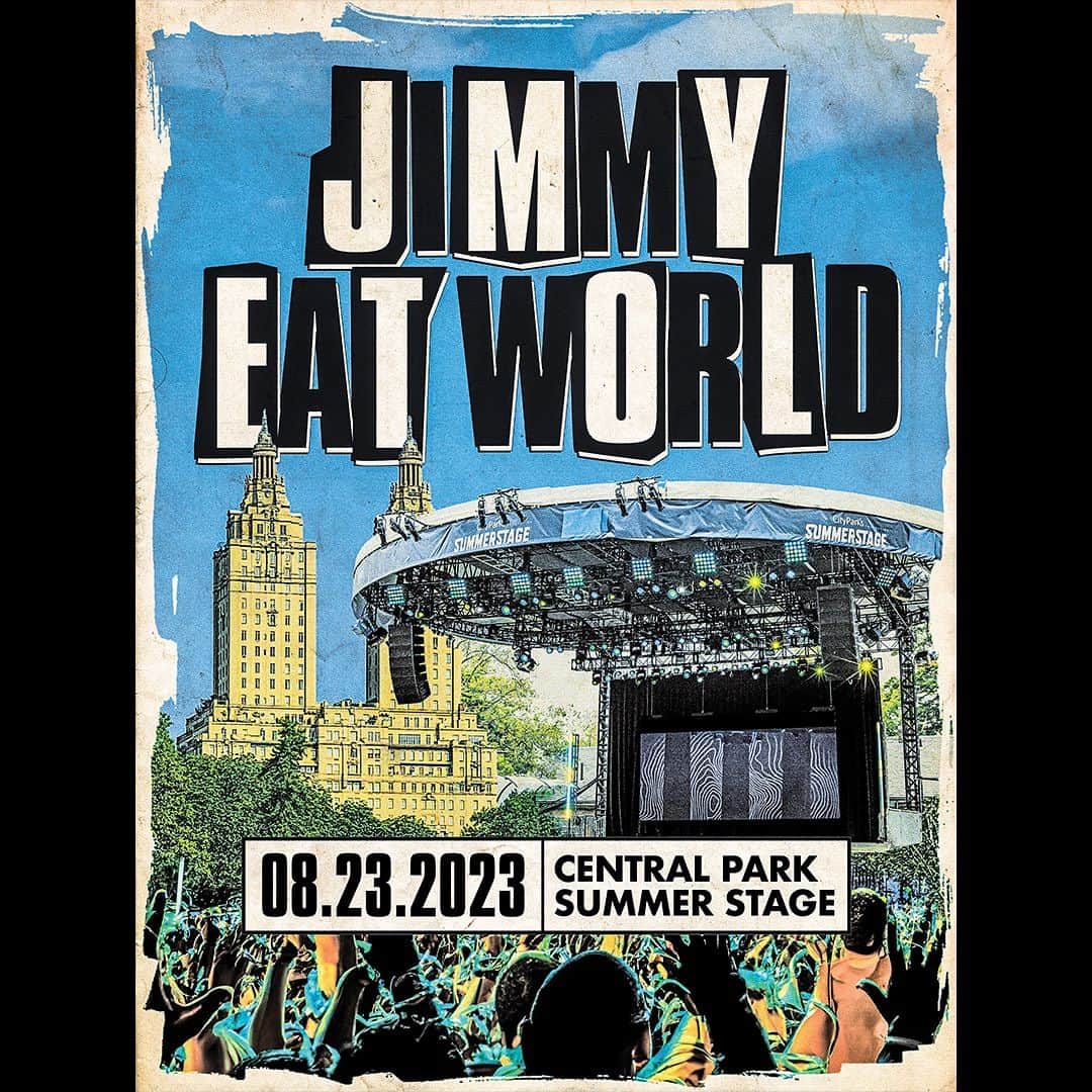 Jimmy Eat Worldのインスタグラム：「NYC SummerStage tonight! 🤘🤘  4:30pm Doors Open 6:00pm @middlekidsmusic  7:00pm #JimmyEatWorld 8:40pm @manchesterorchestra   🖌️ @buskedesign」