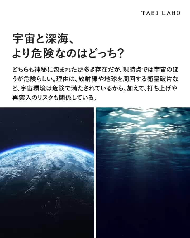 TABI LABO【公式】のインスタグラム：「一方の深海はというと、思っているよりも安全とのこと。  「タイタン号」の一件を除けば、これまでに何千回も潜水活動が行われたにもかかわらず商用潜水艇による死亡事故は1974年以降発生していないらしい……  #深海#宇宙#未知#危険」