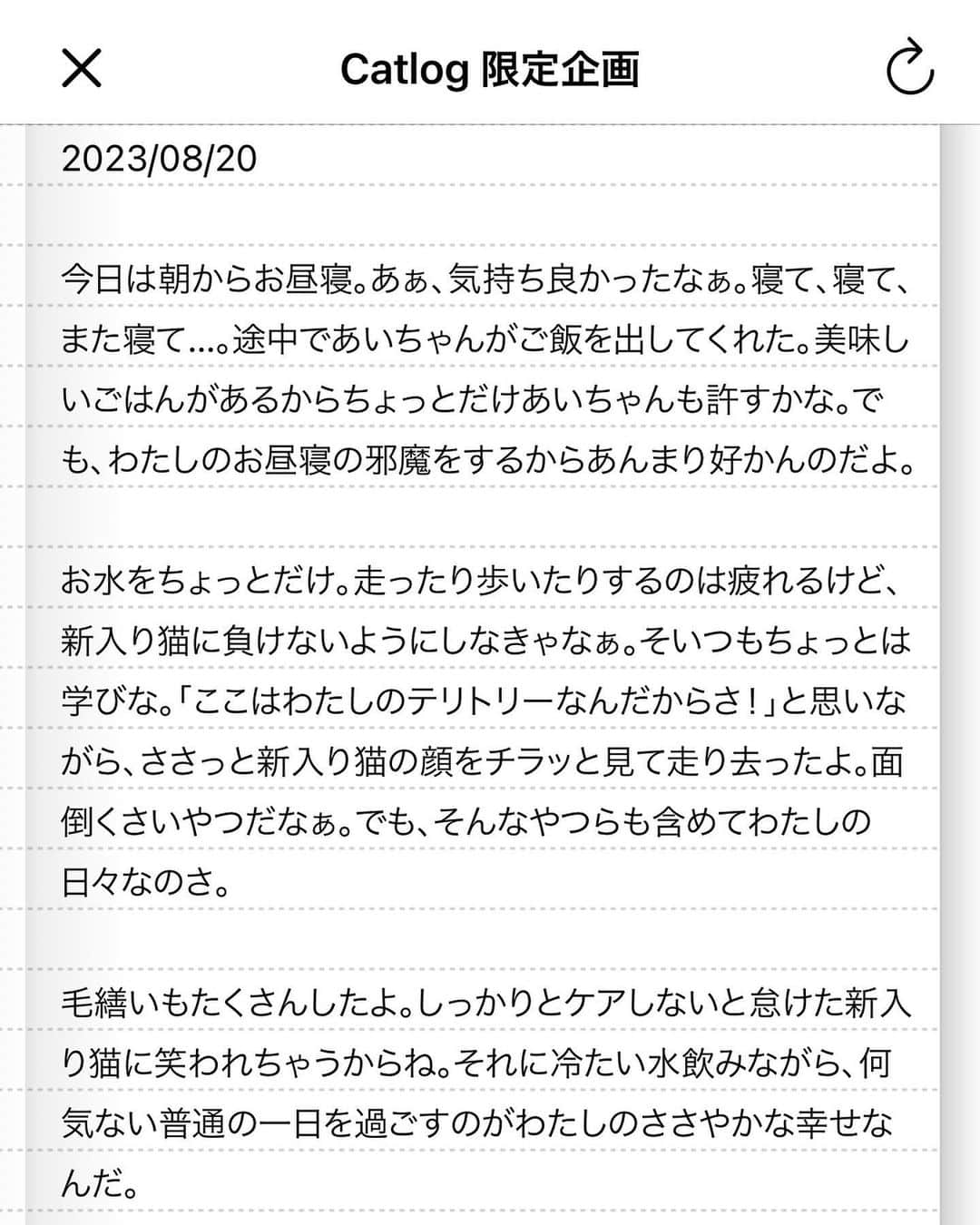 もじゃころさんのインスタグラム写真 - (もじゃころInstagram)「先月から体調崩してしまい、脱水症状がひどくてご飯全然食べれない日もあったりで体重も落ちてしまったチョッチュ具志コロペッペ😢 幸い血液検査やエコー検査ではひどい脱水以外は異常なく、数日に一度通院して点滴と注射を続けてだいぶ良くなり、ご飯もいつも通りちゃんと食べれるようになりました😭🩷   ペッペにはCatlogというスマート首輪を付けていますが、離れていてもスマホのアプリで「今水を飲んでいる」とか「ごはんをたべている」とか「毛づくろいをしている」とか1日の行動を把握できるので、特に体調の悪い時には頻繁にチェックして、とても助かっています。（これがかなり正確なデータなんです…！）  仕事で家を留守にしていると、ペッペが1日どのように過ごしているのかわからないので、元気に見えてもそうではなかったり、体調の変化にもいち早く気づけてほんとにおすすめです！  アプリには最近期間限定で猫様の日記機能が追加されて私も早速やってみました！猫の性格などを入れると、まるで本人が書いているかのような日記が😂🩷（写真8,9枚目）  新規の方は8/24〜8/31まで最大41%OFFのセール価格で購入できるとのことなのでこの機会にぜひ！！  また、こちらの招待コード→ 4XA4UA で2ヶ月間月額料金が無料になるのでもしよかったら使ってください！！  #チョッチュ具志コロペッペ #PR #Catlog #catlogのある生活」8月23日 19時29分 - mojyacoro96