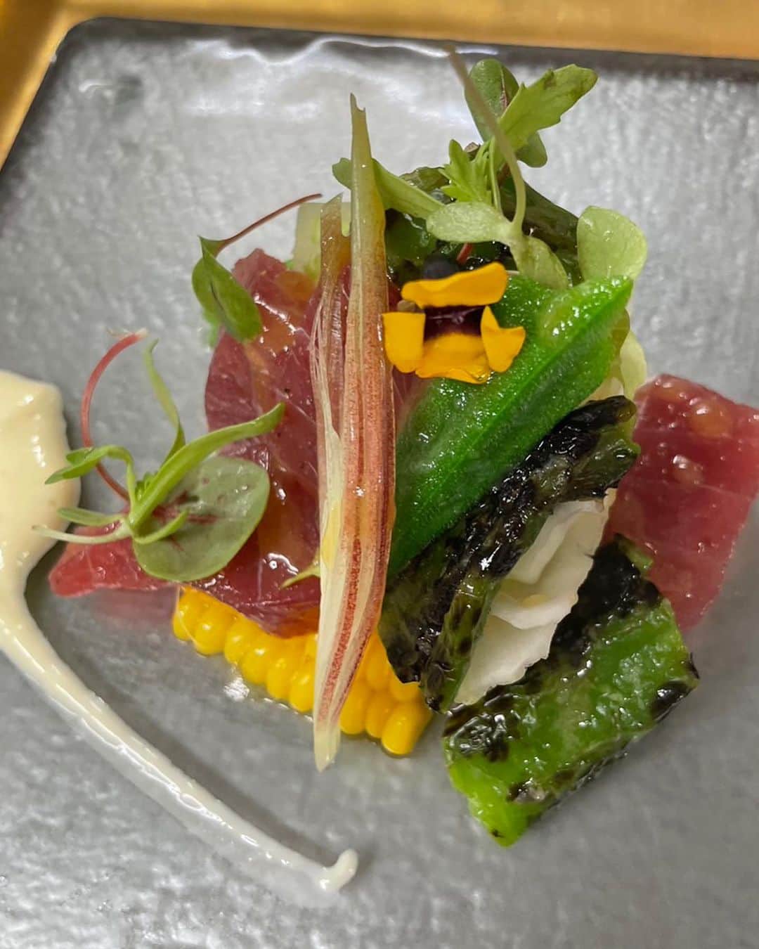 レストランKIYOMIZU東山庭のインスタグラム：「夏野菜をふんだんに使ったマクロ料理を先日レストランで提供しました。 他にもたくさん夏らしいメニューがあります。是非一度東山庭へ！  ------------------------------------------------------------------------  【レストラン営業時間】  ◎Dinner 17:00～21:30（LO20：30）  ※定休日／月曜日・火曜日   【ご予約方法】 プロフィール欄 URL より受付中 ▶ higashiyama.garden   電話予約も承っております ▶050-3159-6517 ------------------------------------------------------------------------ #higashiyamagarden #ヒガシヤマガーデン #東山庭 #kiyomizu京都東山 #京都東山 #京都グルメ #京都ディナー #京都観光 #京都レストラン #京都フレンチ #プロポーズ」